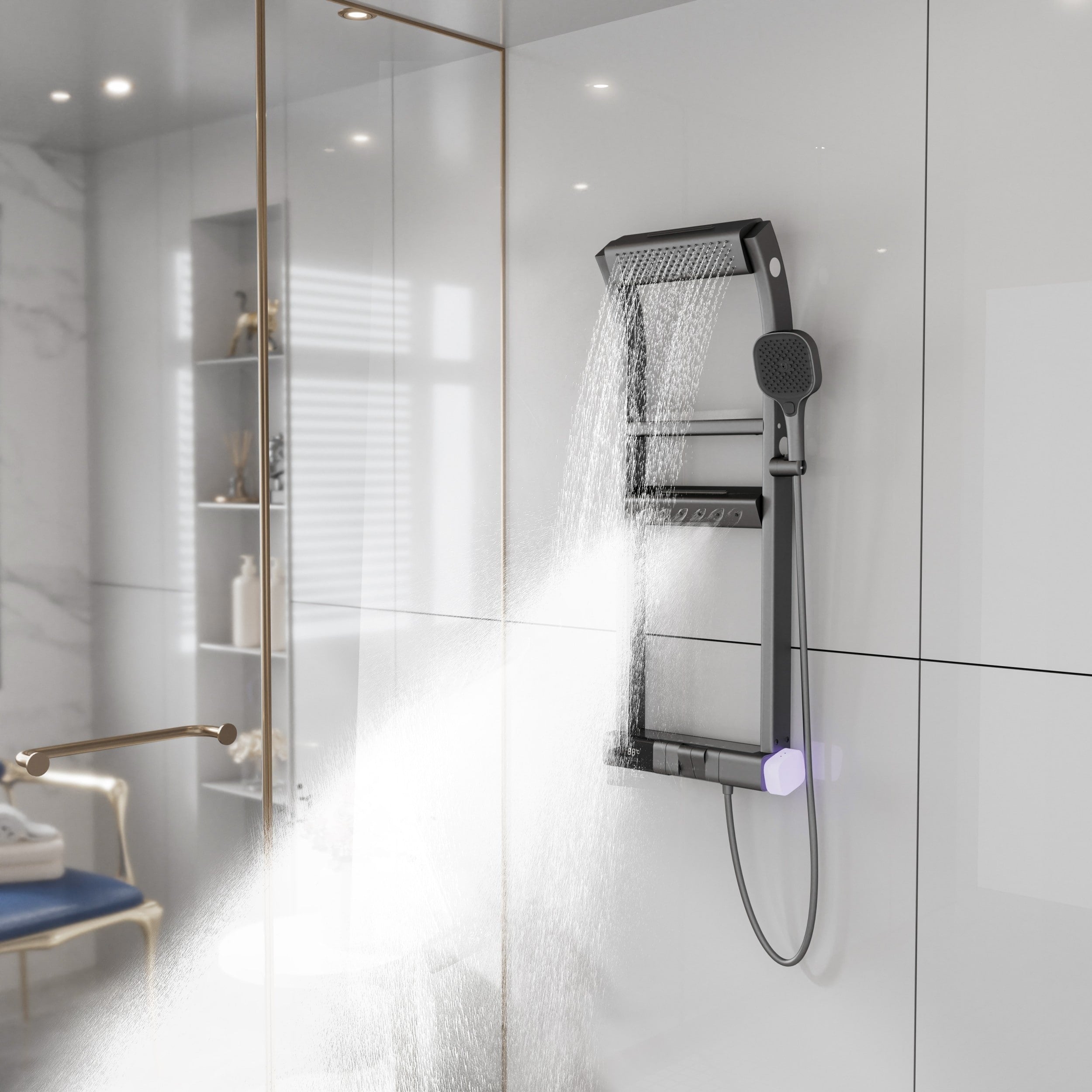 Modland Gunmetal Gray Shower System With Body Jets Led Display Piano Key Diverter 13 Spray Waterfall Faucet Set