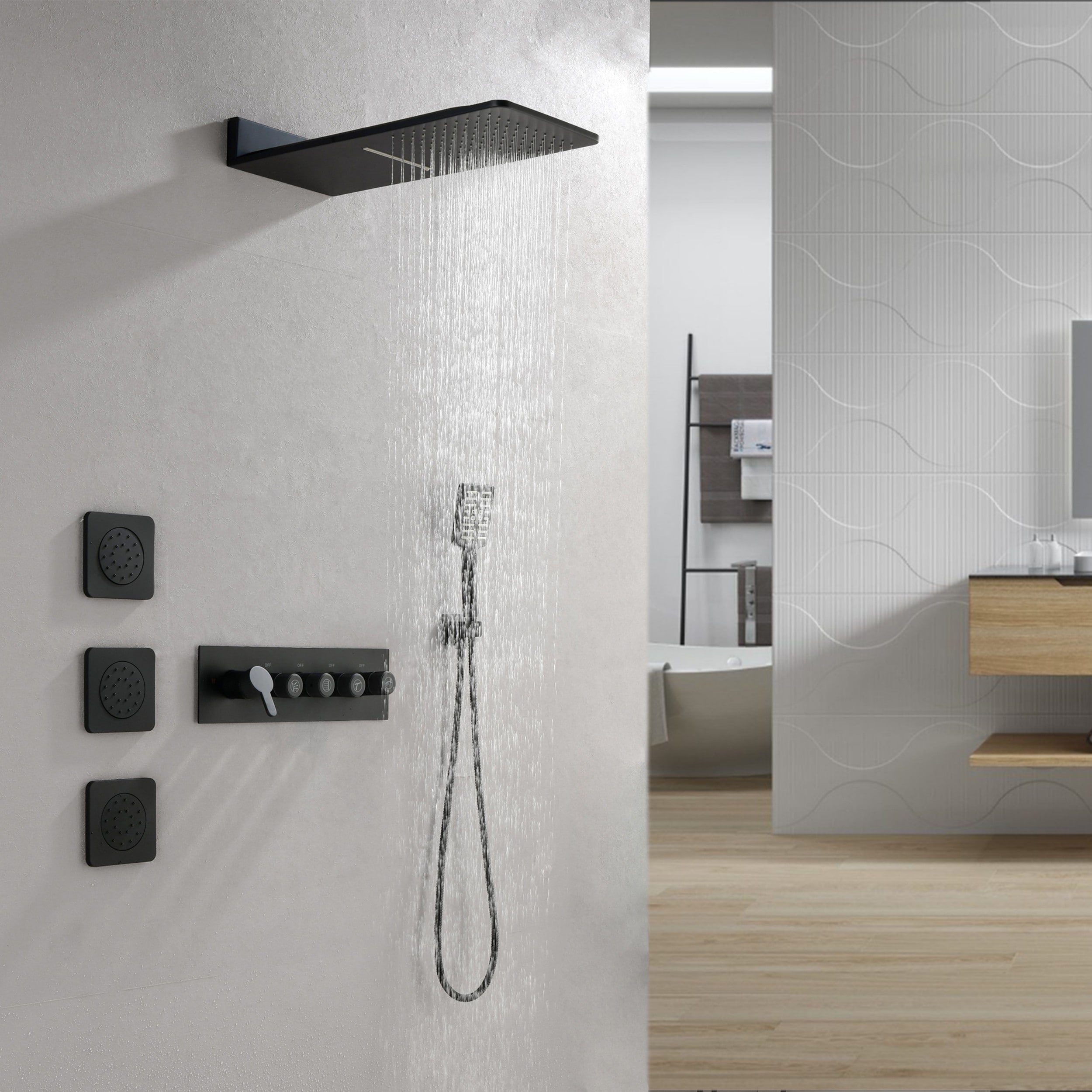 Modland Matte Black Shower System With 3 Body Jets Waterfall Rainfall Head Pressure Balance Brass Valve