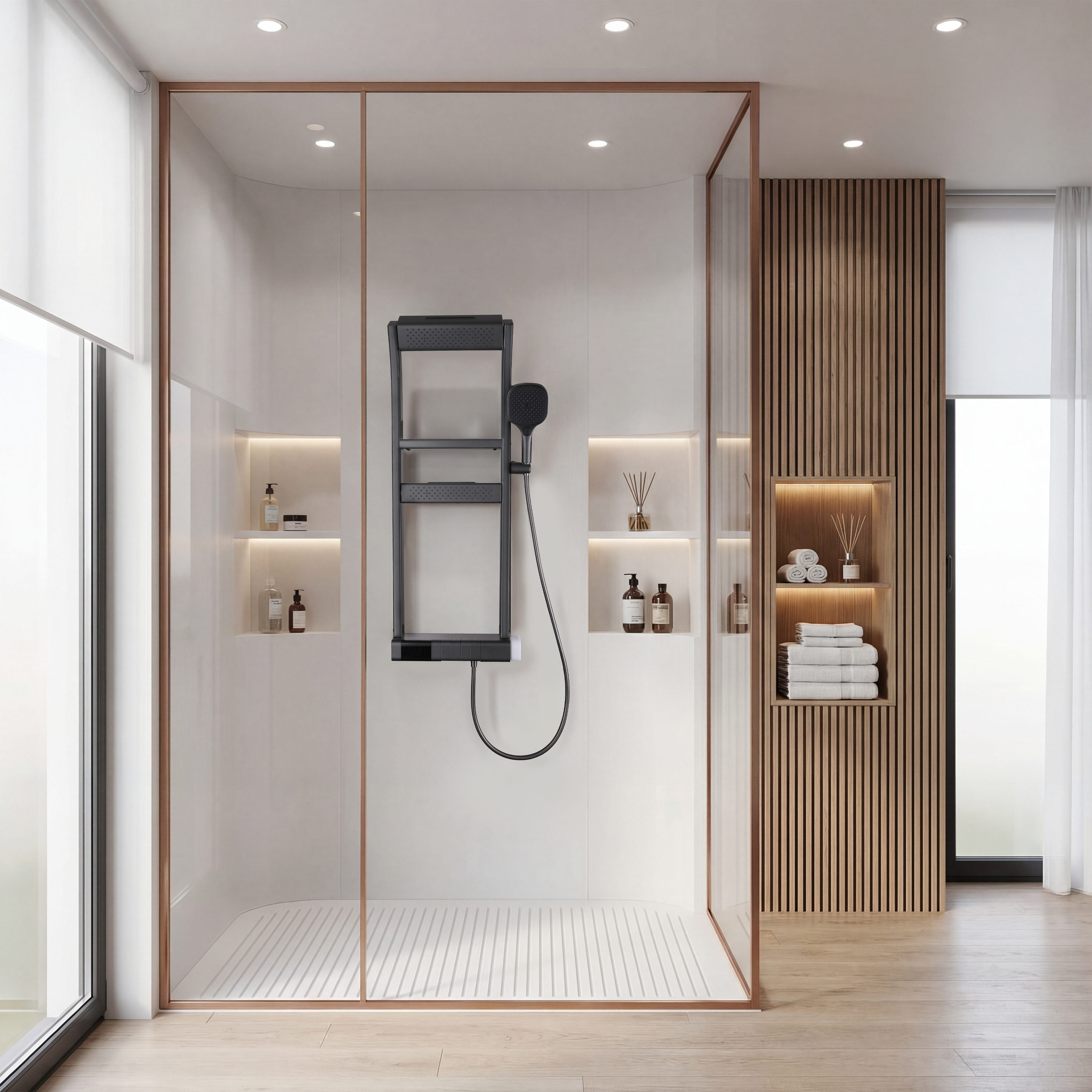 Modland Thermostatic Shower System With 4 Mode Sprayer Led Display Piano Key Design Shower Set Dual Storage Shelf