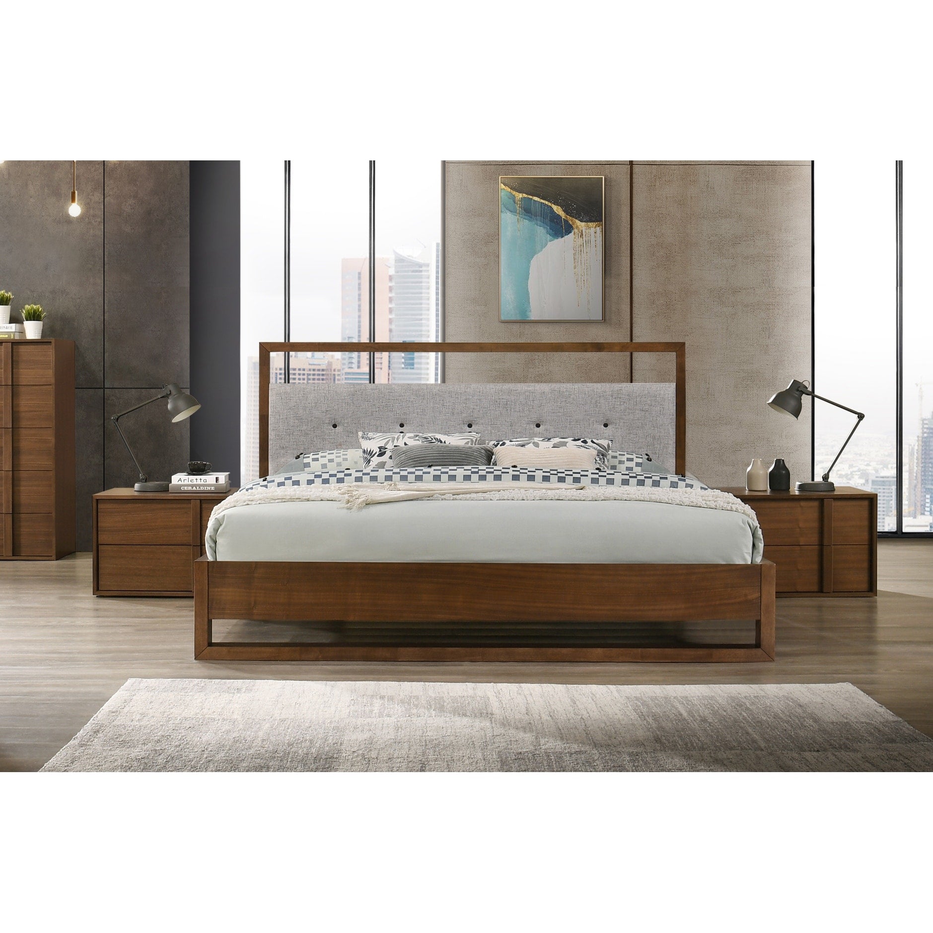 Modrest Falcor Modern Grey Fabric Walnut Veneer Bed