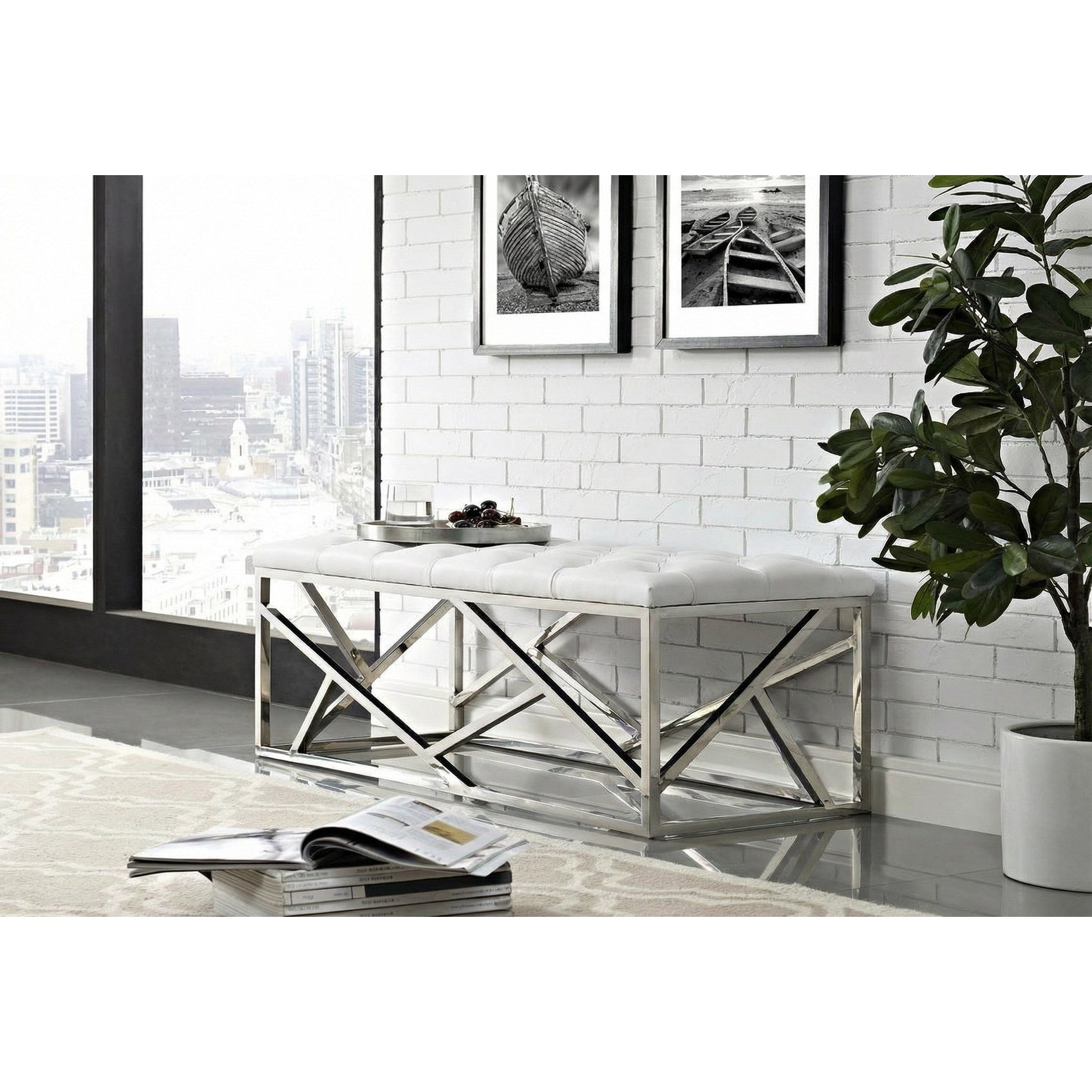Modrest Lindsey Modern White Leatherette Stainless Steel Bench