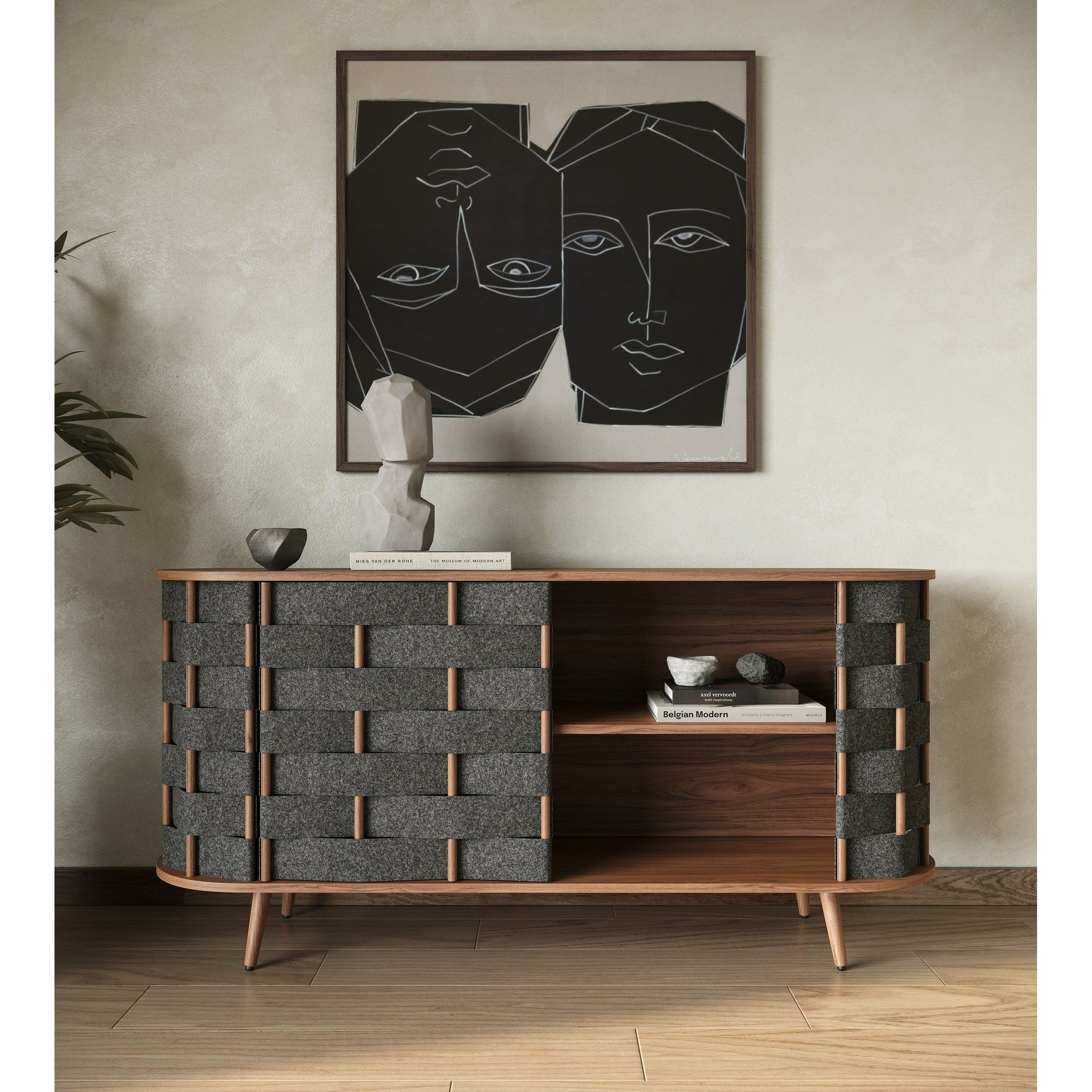 Modrest Sheridan Mid Century Modern Grey Fabric Walnut Buffet