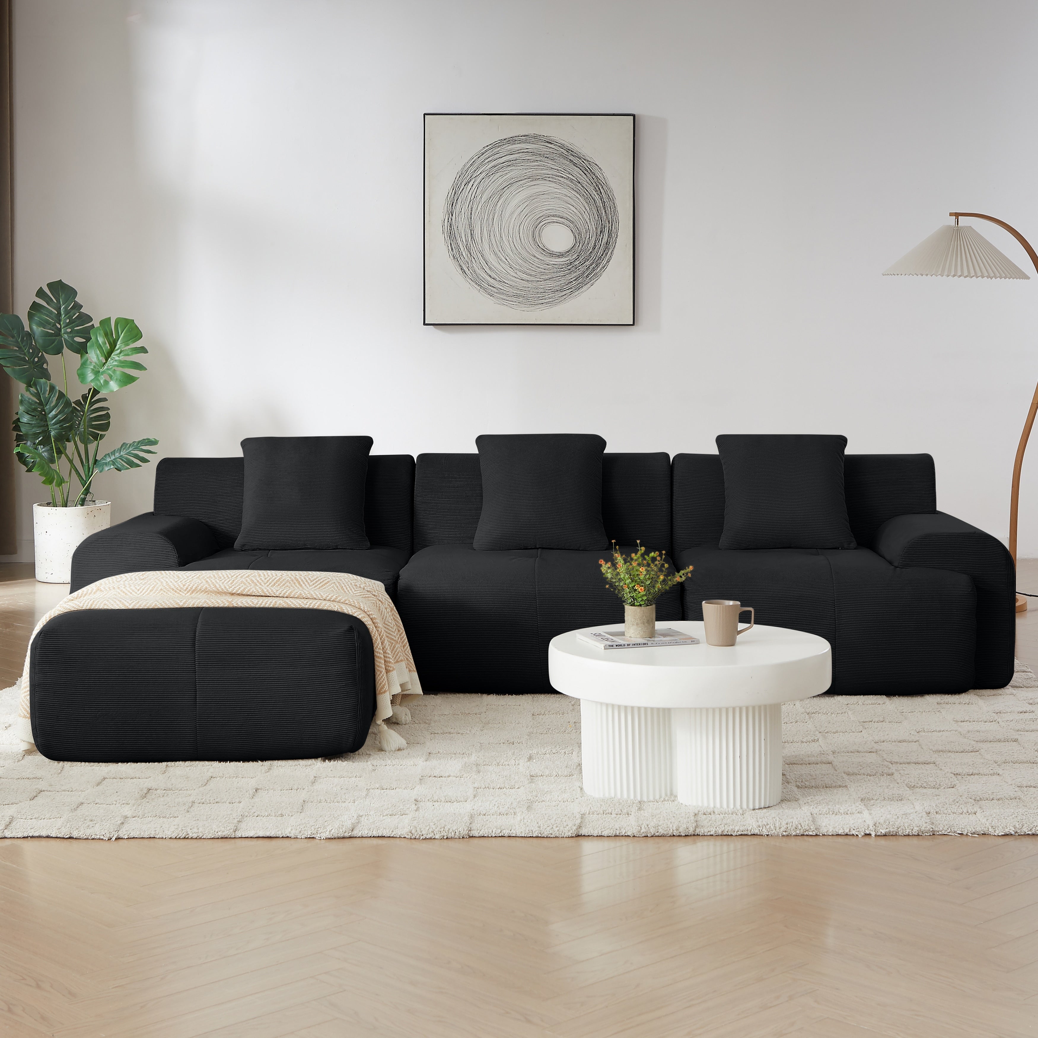 Modular 3 Seater Sofa Floor Standing Couch With Movable Ottoman 113 L Shaped Sectional Sofa For Living Room Black