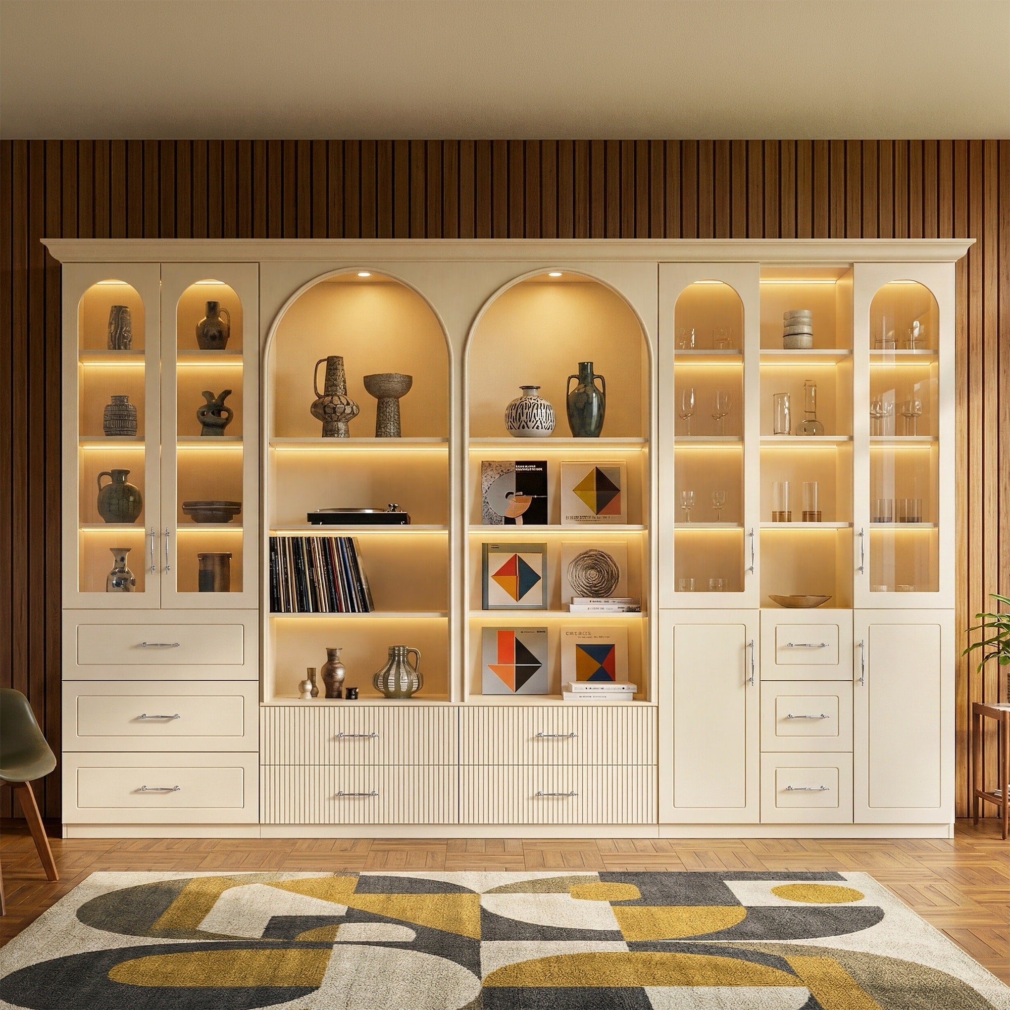 Modular Bookcase With Led Lights Glass Door Storage Cabinet With Drawers Large Display Shelving Unit Sideboard