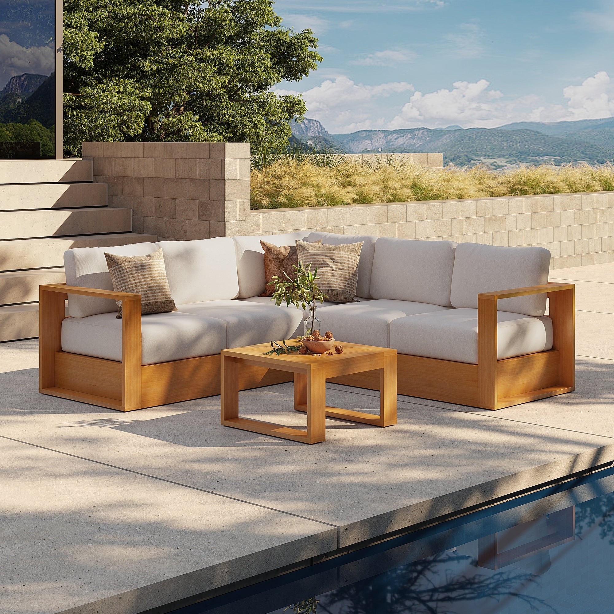 Modular Eucalyptus Outdoor L Shaped Sofa Set With 7 Cushions