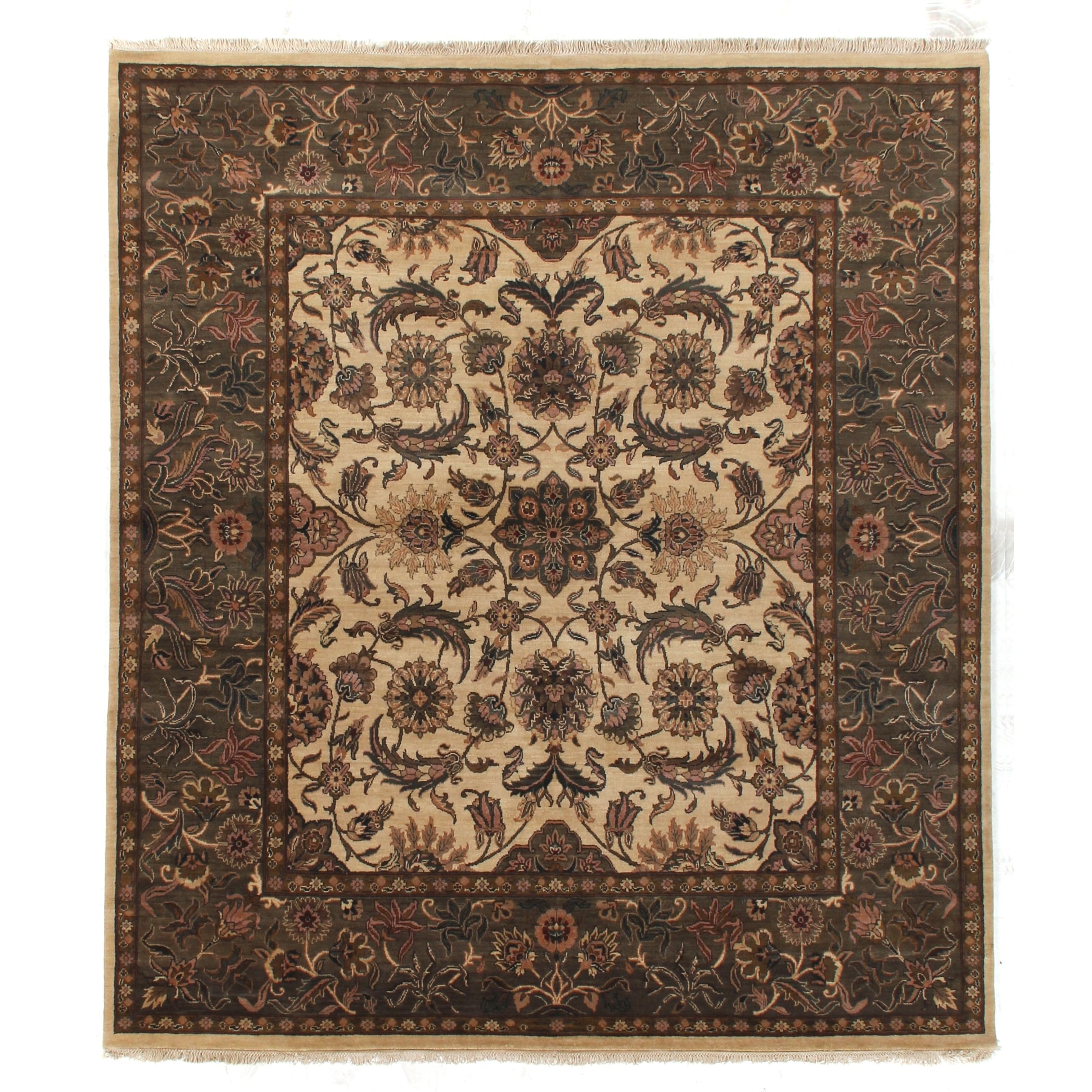 Moghul Hand Knotted New Zealand Wool Ivory Sage Area Rug 8 Round