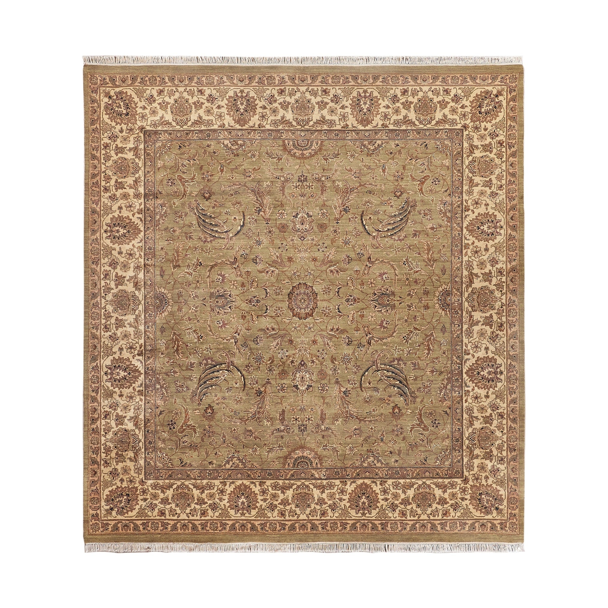 Moghul Hand Knotted New Zealand Wool Light Green Gold Area Rug 9 X 10