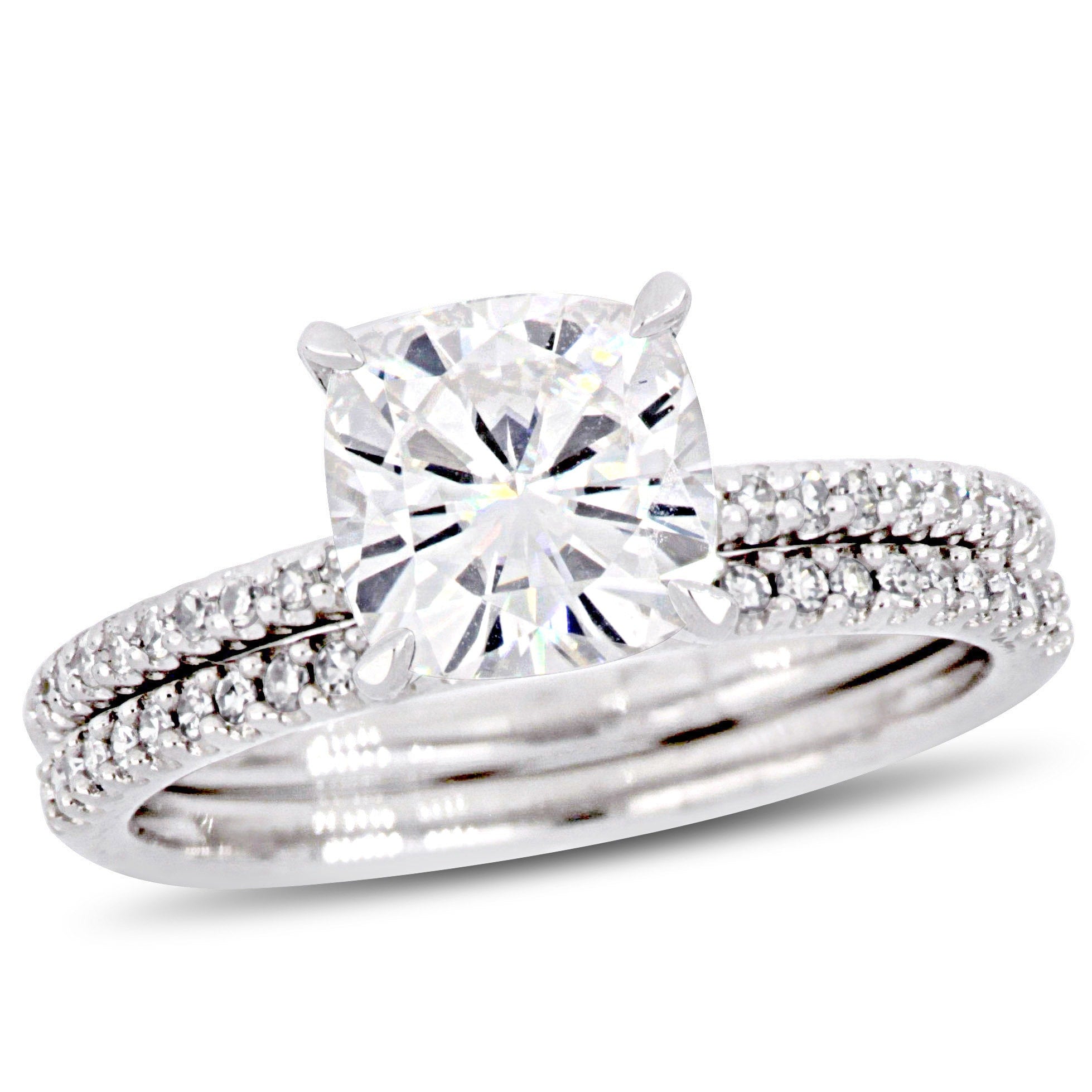 Moissanite By Miadora Signature Collection 14K White Gold 2Ct Tgw Cushion Cut Moissanite And 1 4Ct Tdw Diamond Bridal Ring Set