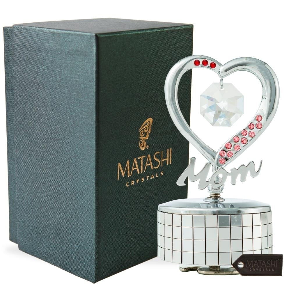 Mom Heart Wind Up Music Box Table Top Ornament With Crystals By Matashi Choose Gold Or Silver