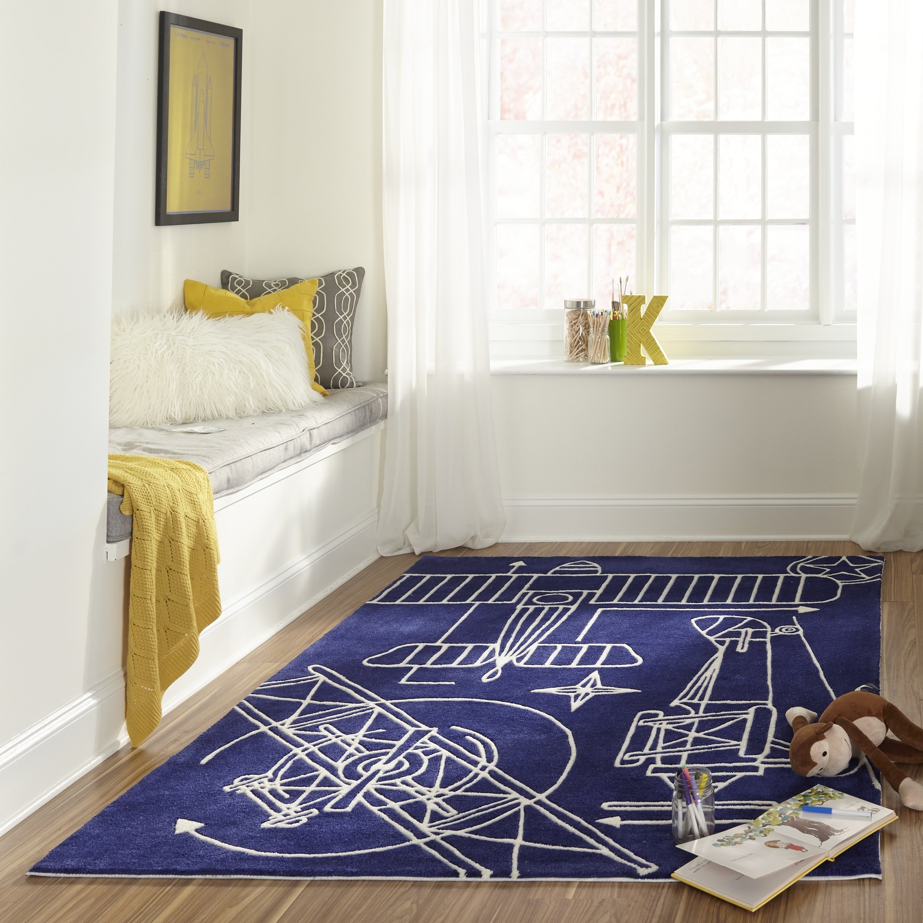 Momeni Lil Mo Hipster Navy Airplane Blueprint Hand Tufted Rug 5 X 7