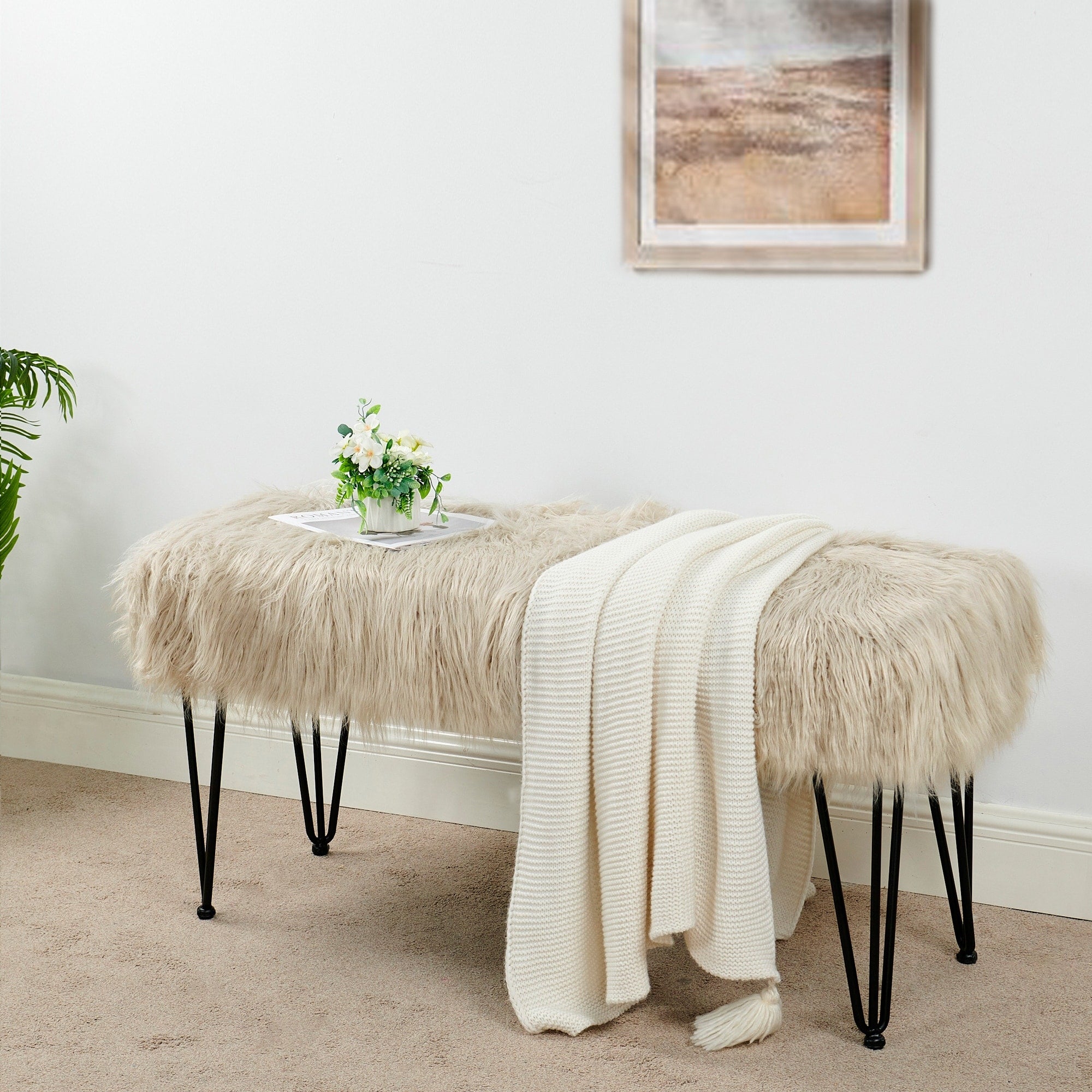 Serenta Mongolian Lamb Shaggy Faux Fur Ottoman Bench With Hairpin Legs