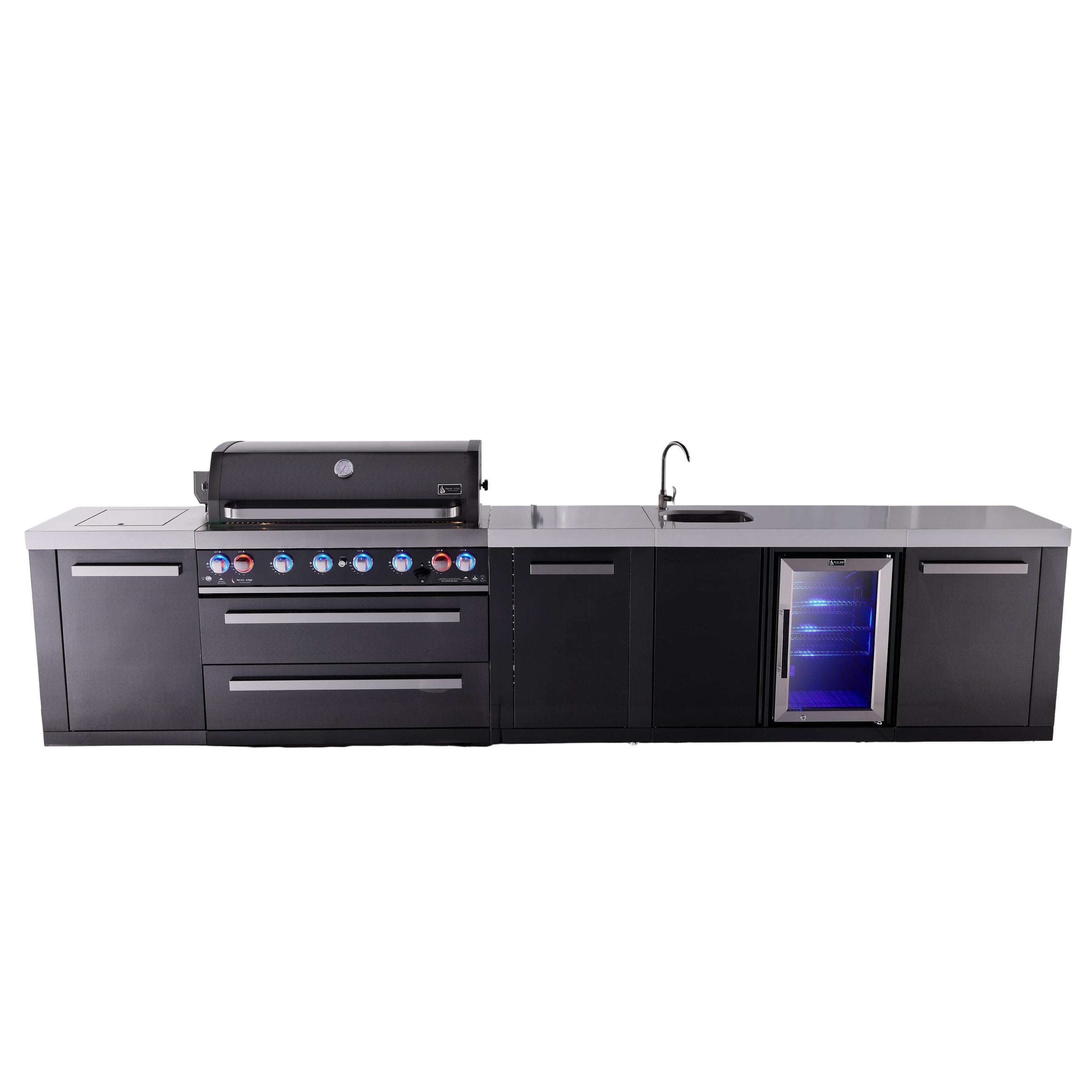 Mont Alpi 157 W Black Stainless Steel Premium Outdoor Kitchen Island With Refrigerator Faucet Sink 44 W 6 Burner Bbq Grill