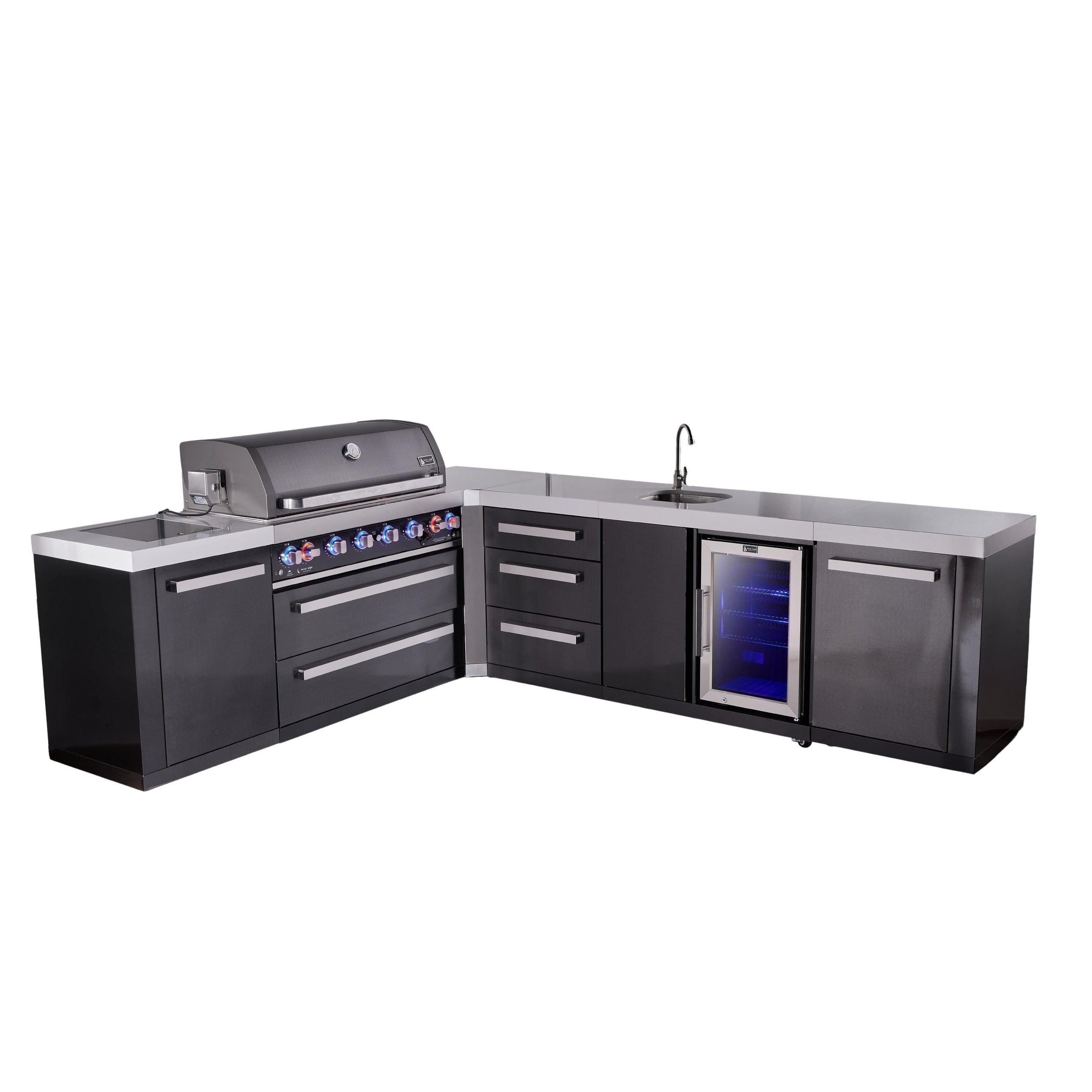 Mont Alpi 94 W X 113 D Black L Shaped Stainless Steel Outdoor Kitchen Island With Fridge Faucet Sink 44 W 6 Burner Bbq Grill