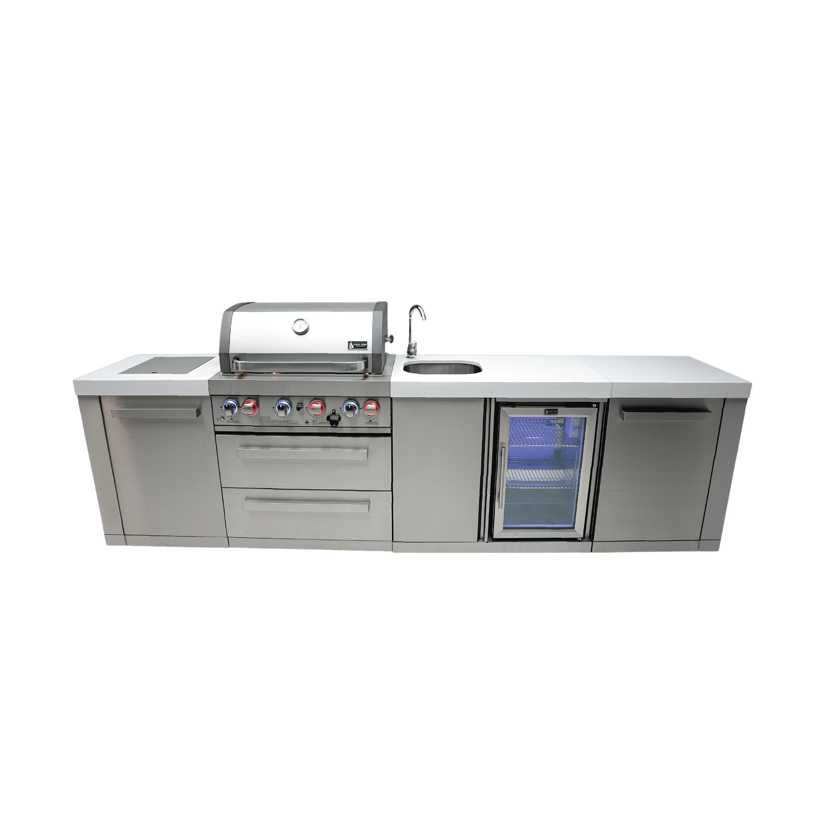 Mont Alpi 120 W Black Stainless Steel Outdoor Kitchen Island With Refrigerator Faucet Sink Combo 32 W 4 Burner Bbq Grill