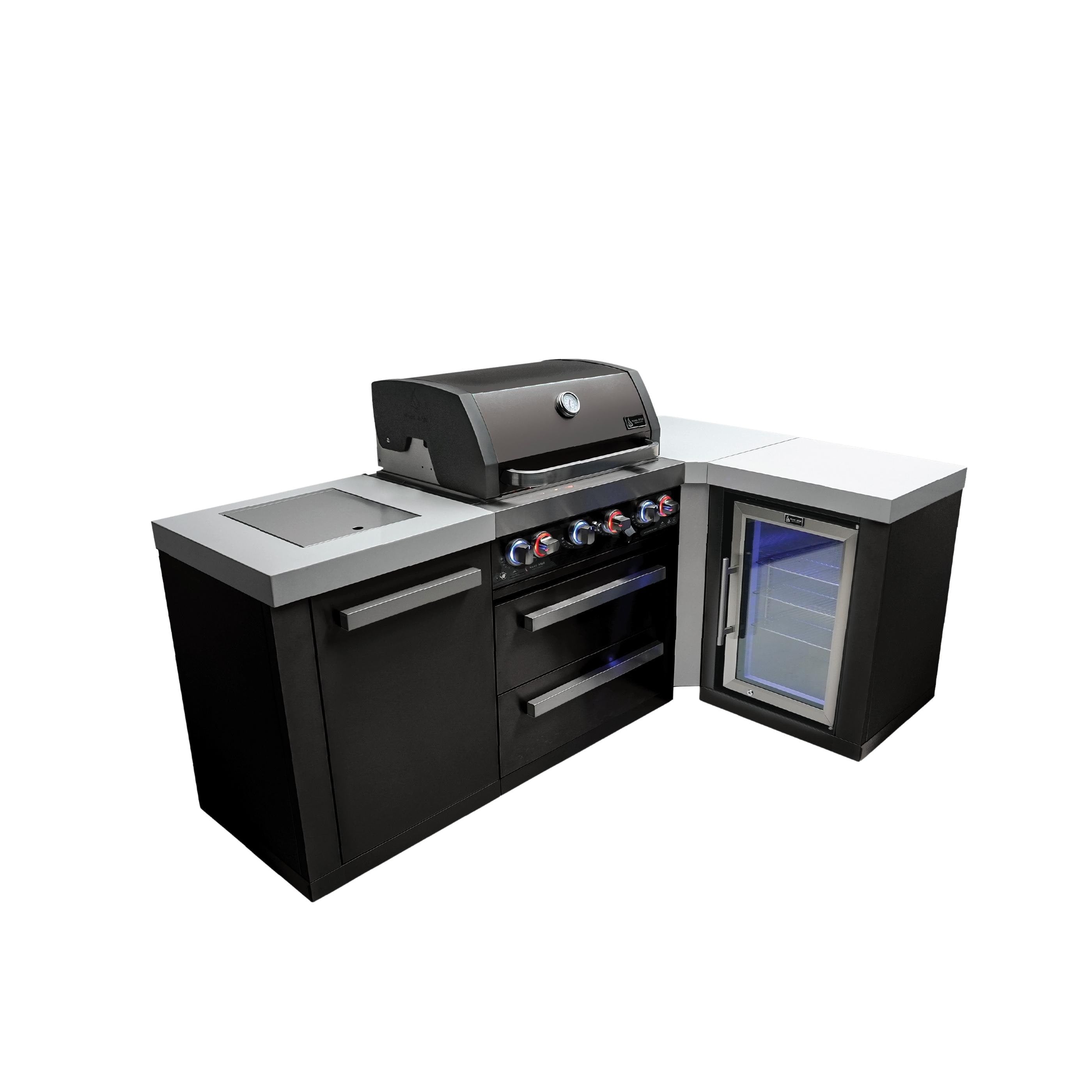 Mont Alpi Premium 82 W X 50 D Black Stainless Steel L Shaped Outdoor Kitchen Island With Refrigerator 32 W 4 Burner Bbq Grill