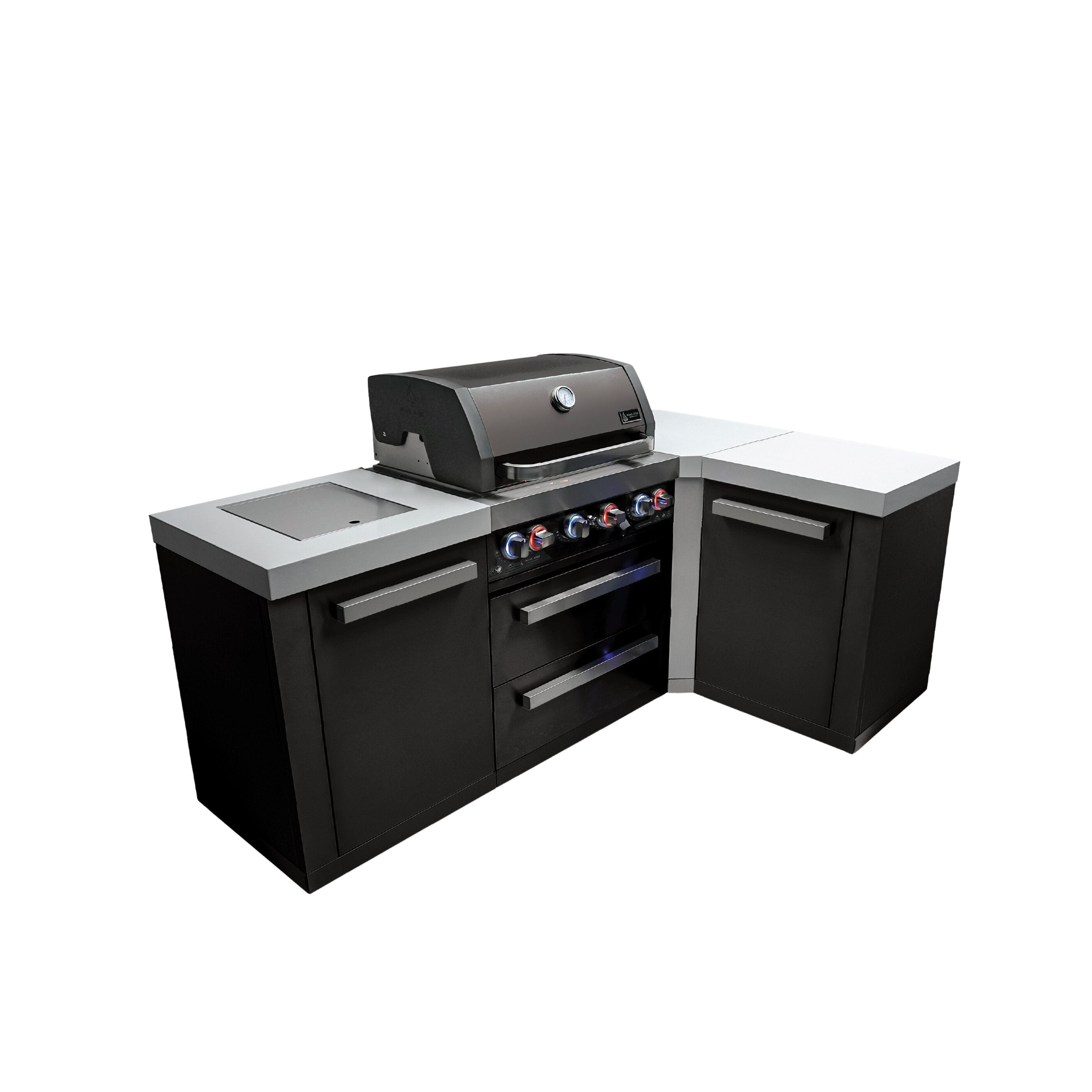 Mont Alpi Premium 82 W X 50 D Black Stainless Steel L Shaped Outdoor Kitchen Island With Side Burner 32 W 4 Burner Bbq Grill
