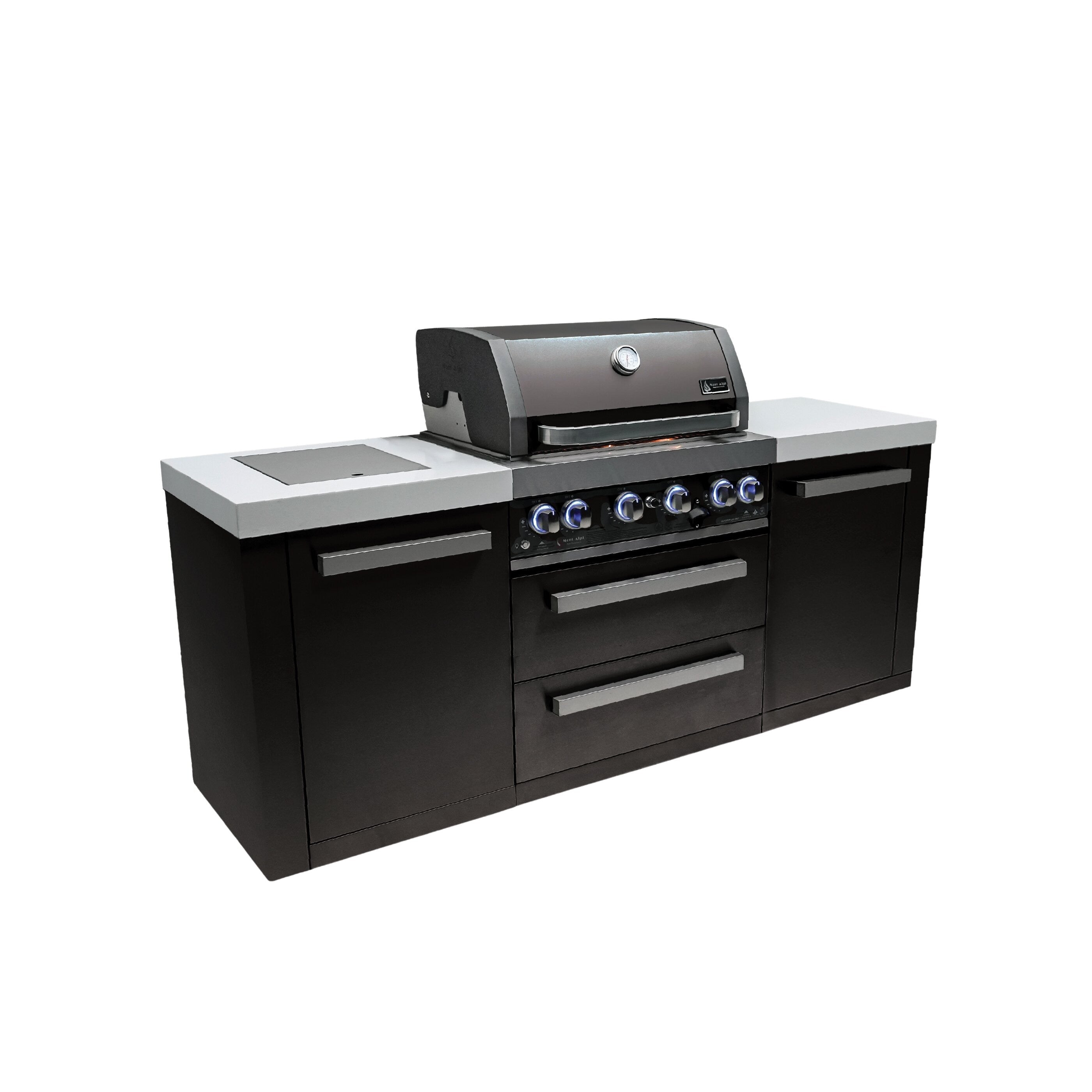 Mont Alpi Premium 84 W X 23 D X 46 H Black Stainless Steel Outdoor Kitchen Island With Side Burner 32 W 4 Burner Bbq Grill
