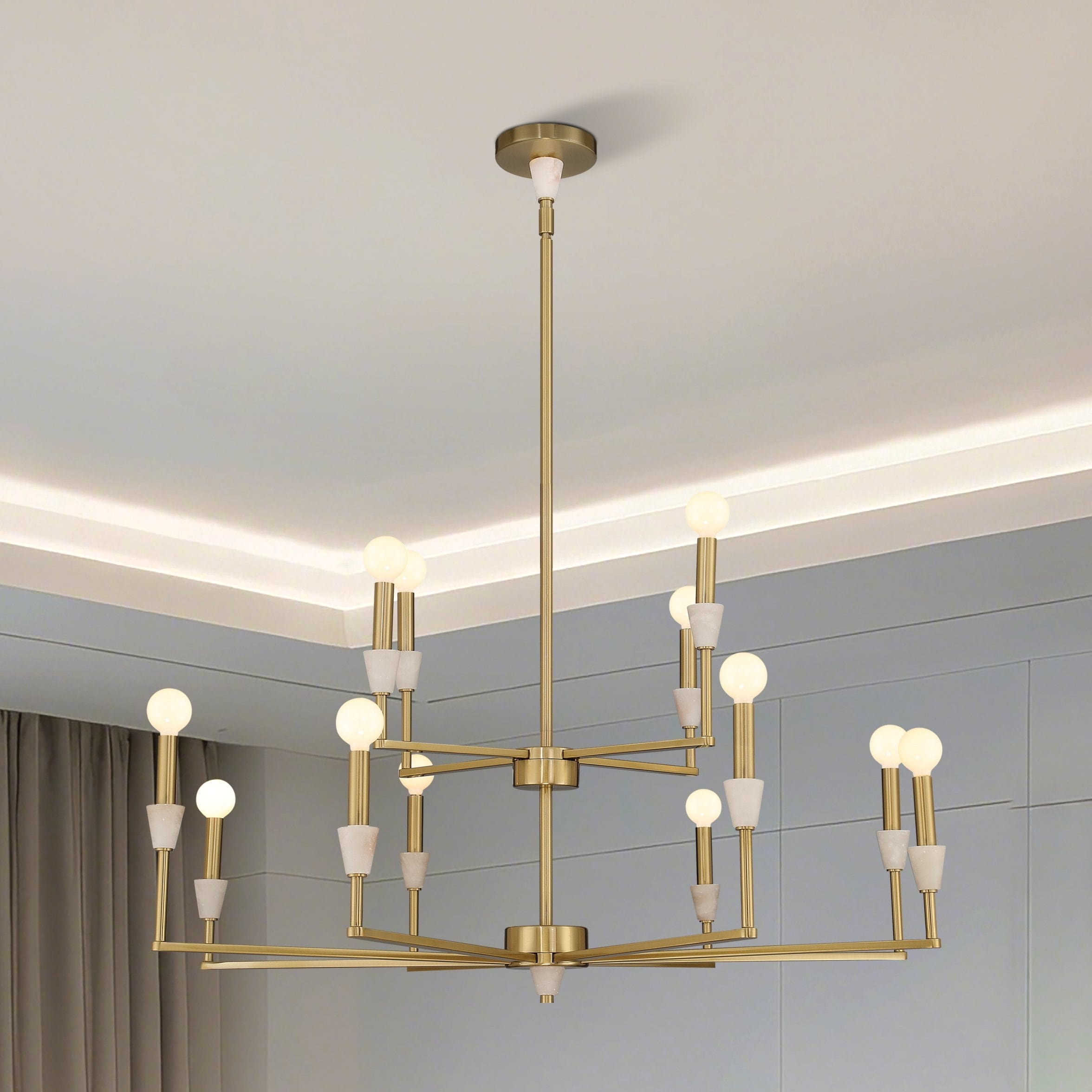 Montclair 38 Inch 12 Light Brushed Gold And Natural Alabaster Chandelier L 38 X W 38 X H 20.25 X M H 71.25