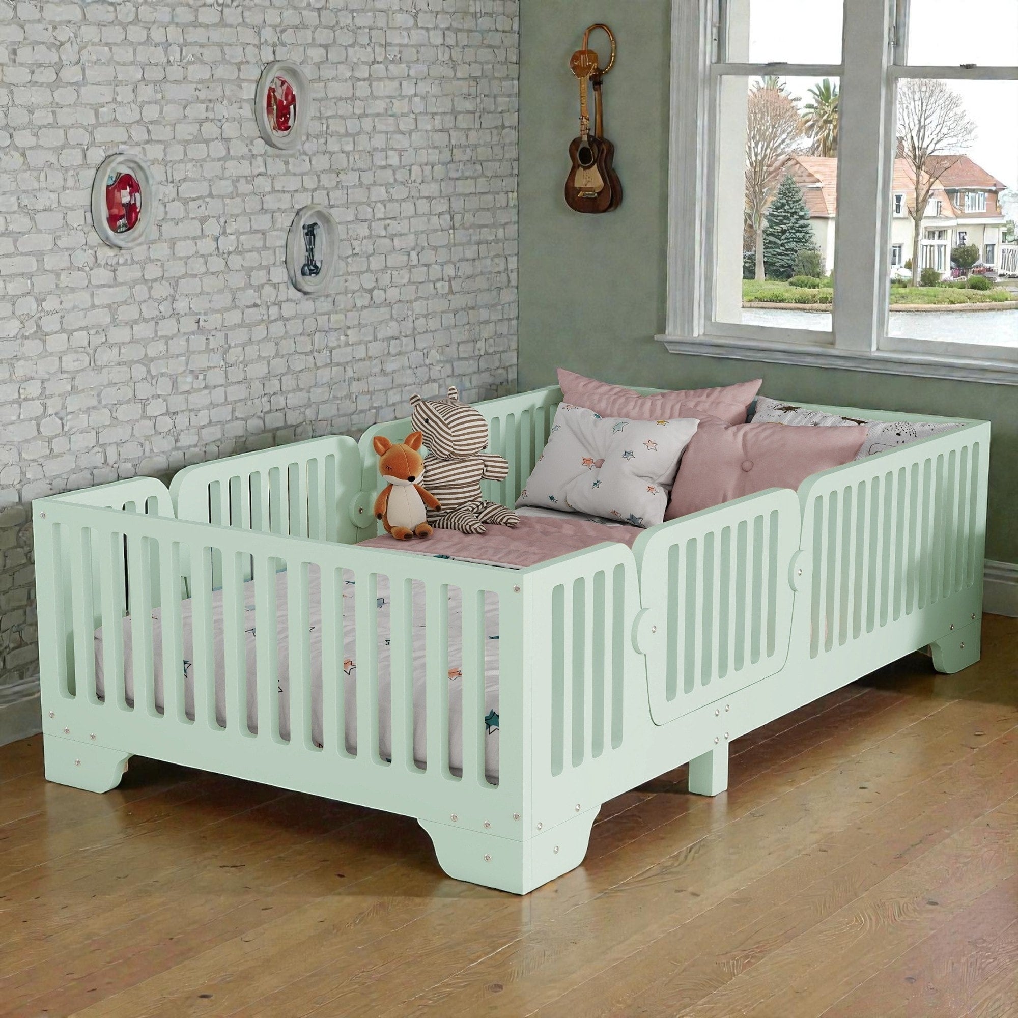 Montessori Floor Bed With Fence And Door Kids Floor Bed Frame With Slats No Box Spring Needed