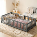 Montessori Floor Bed With Safety Guardrails And Door Low Profile Kids Wood Bed Frame