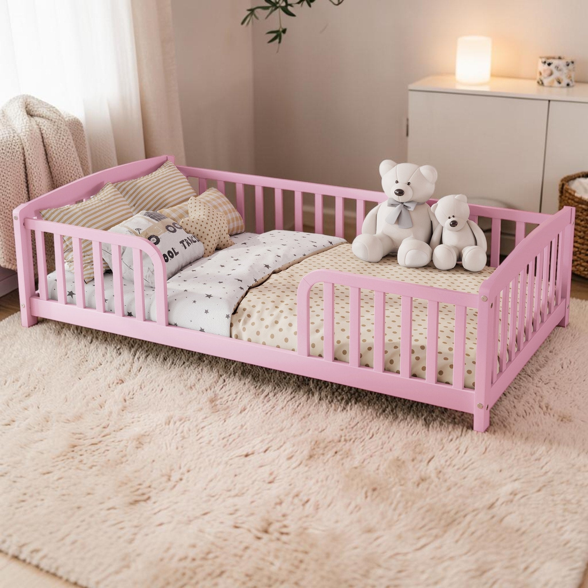 Montessori Floor Fence Bed With Guardrails And Central Entrance Pine Wood Kids Floor Bed