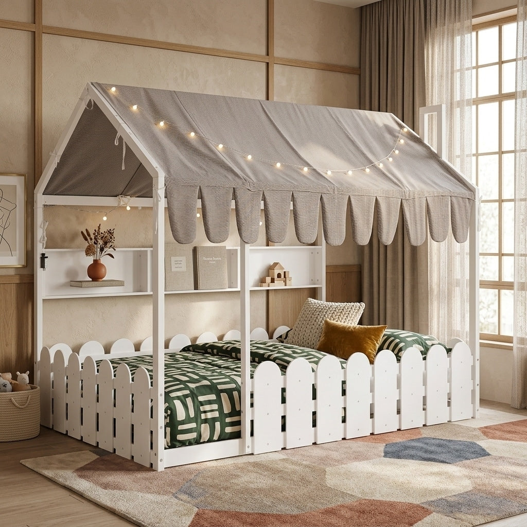 Montessori House Bed With Fence Railings Tent Lights 3 Storage Shelves By Harper Bright Designs