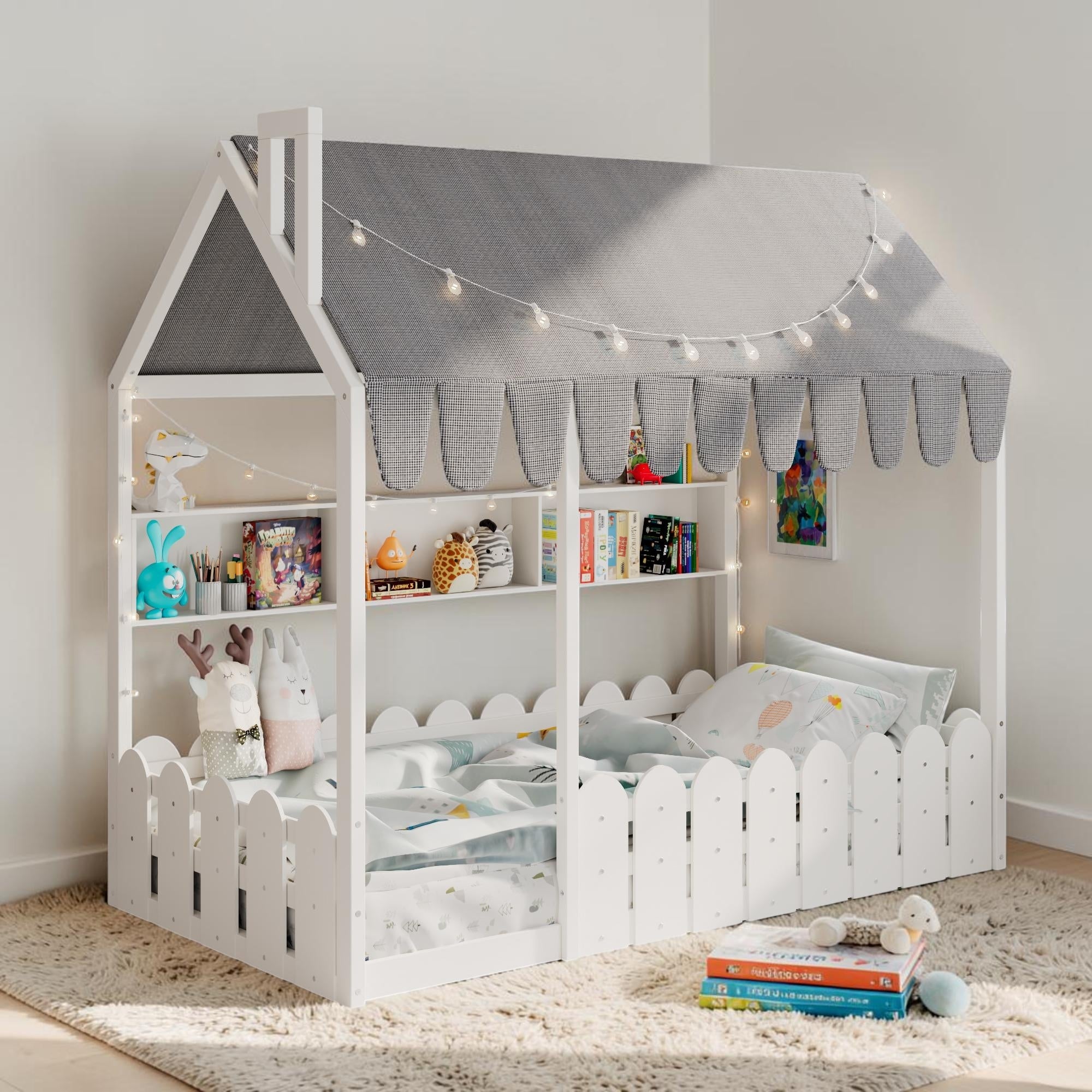 Montessori House Floor Bed For Kids With Tent And Lights Wood Bed Frame With Fence Railings And Storage Shelves