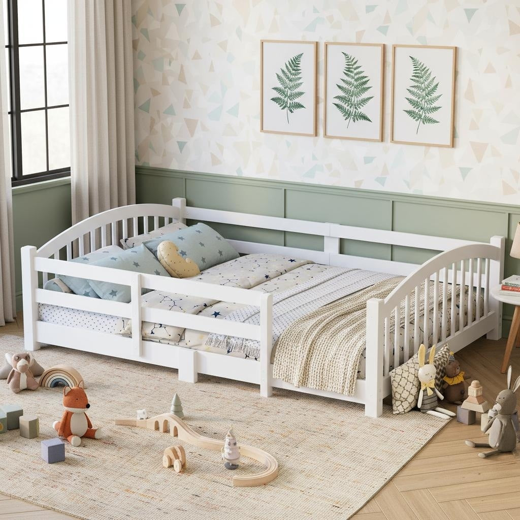 Montessori Solid Pine Floor Bed With Full Length Safety Fence Slatted Base By Harper Bright Designs