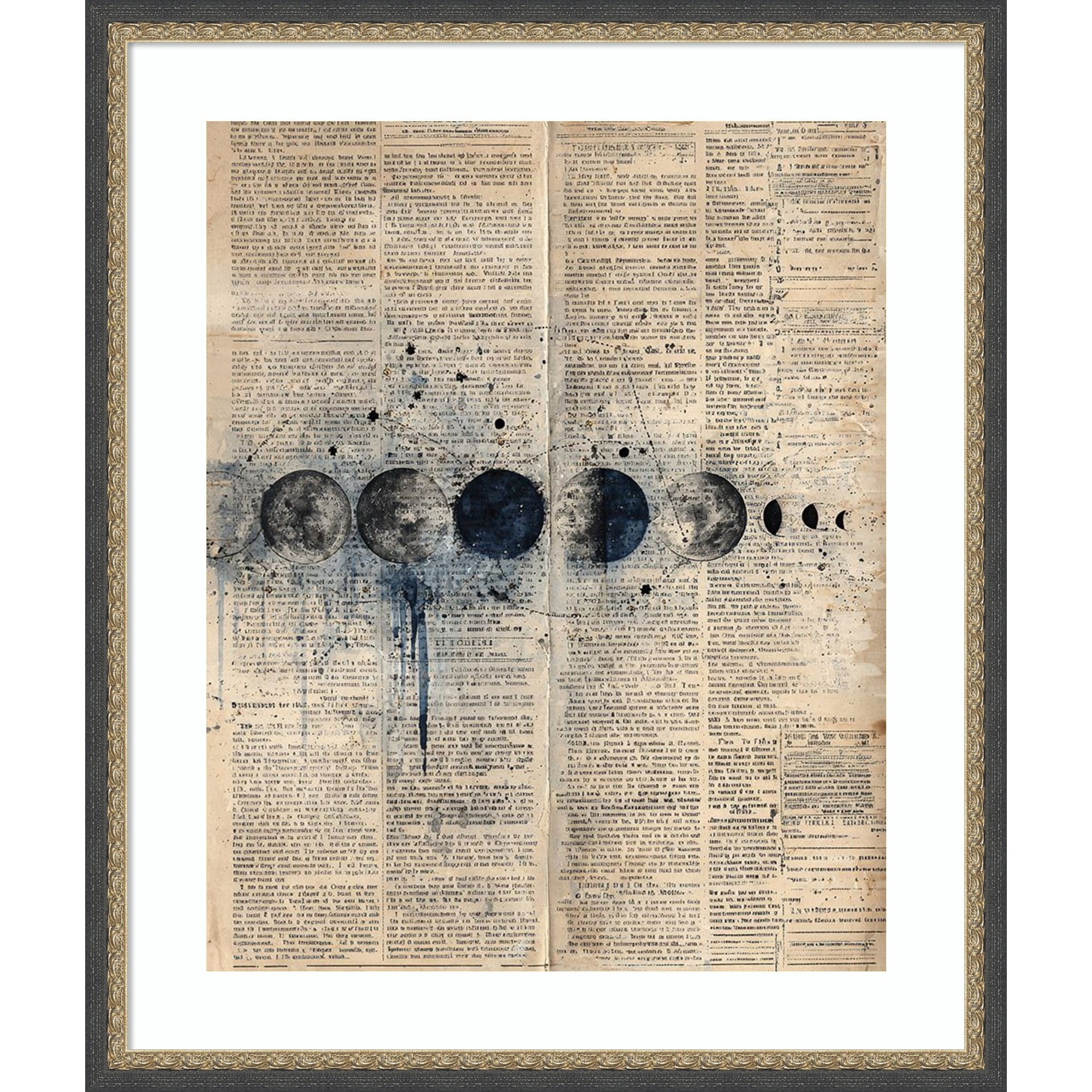 Moon Phases Ink Vintage Newspaper Page Lunar Cycle By Tradelink Inhouse Artist Wood Framed Wall Art Print