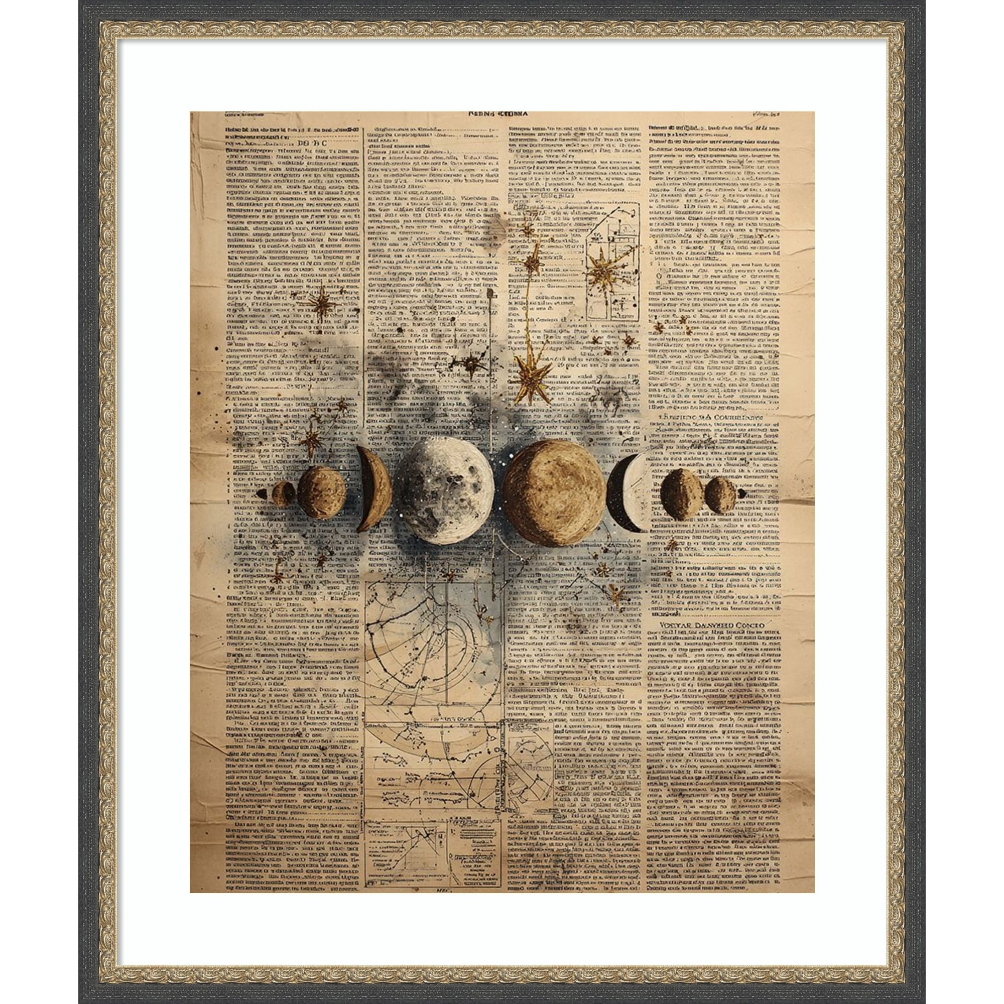 Moon Phases Watercolor Vintage Newspaper Astronomy Science By Tradelink Inhouse Artist Wood Framed Wall Art Print