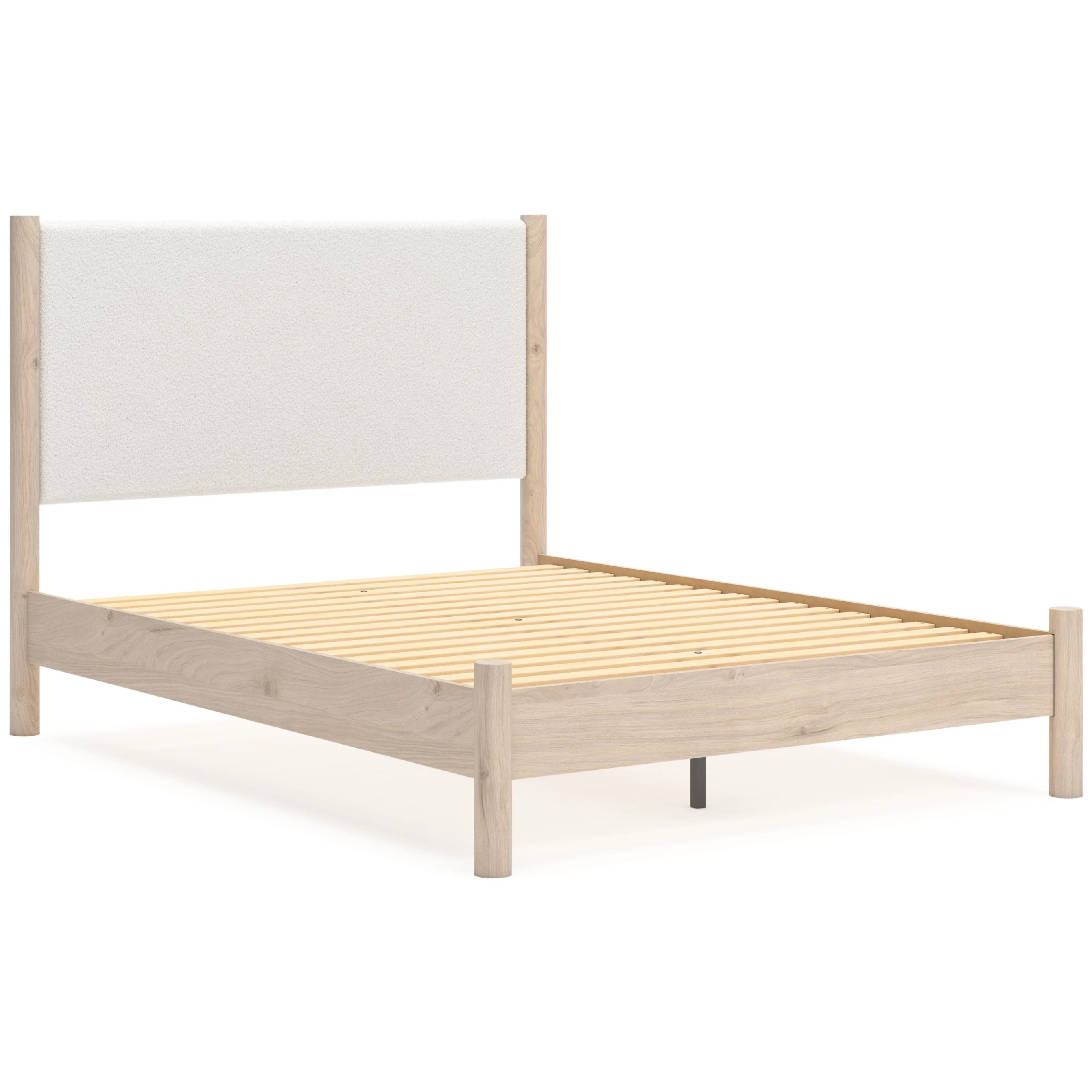 Mooran Queen Size Bed White Polyester Upholstery Light Brown Wood