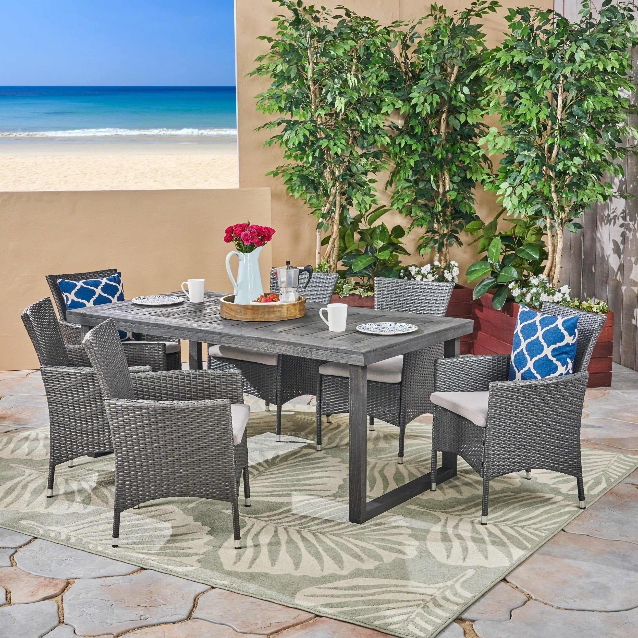 Moralis Outdoor 6 Seater Acacia Wood Dining Set With Wicker Chairs By Christopher Knight Home