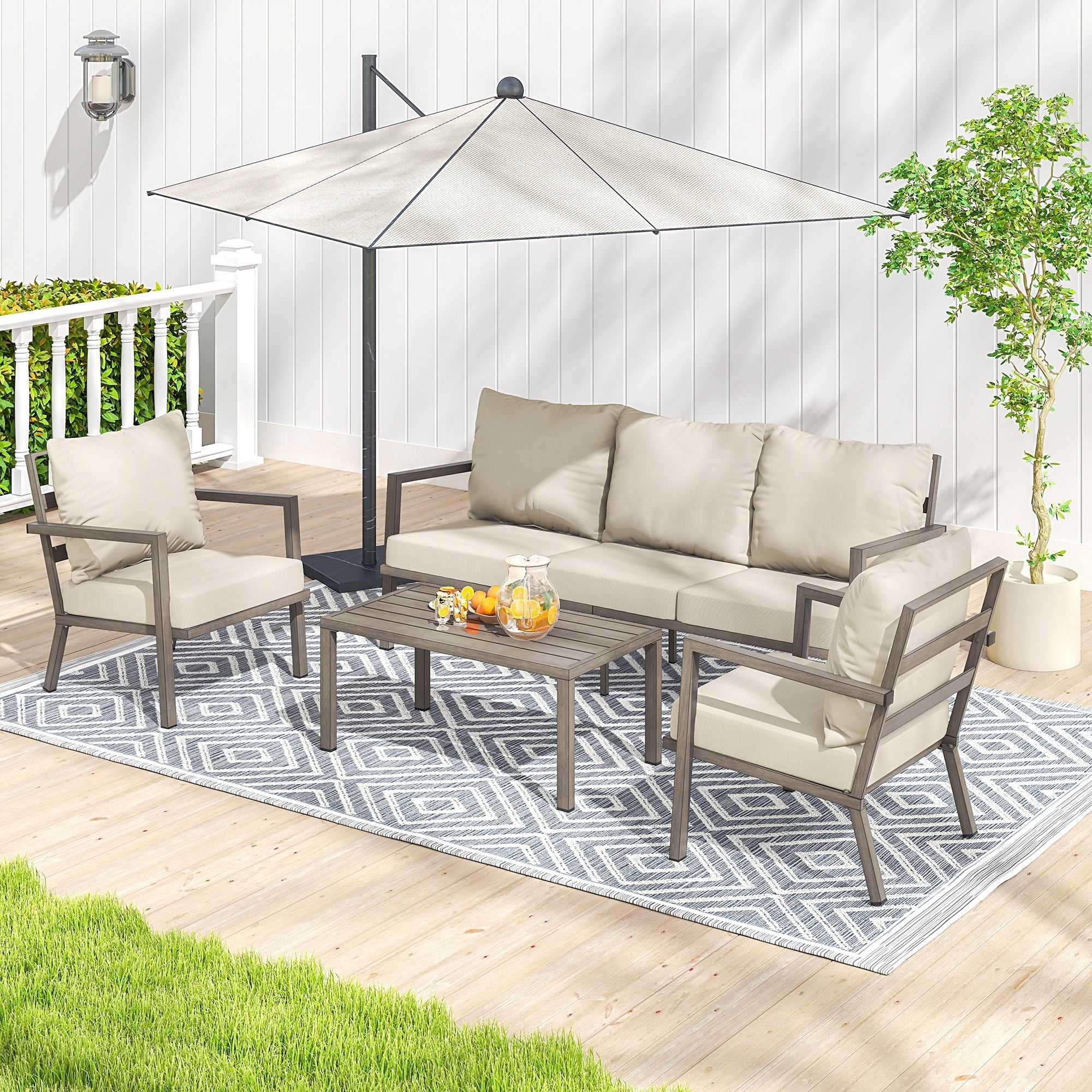 Mornlift 4 Piece Aluminum Outdoor Patio Conversation Set With Beige Cushions Sofa And Coffee Table