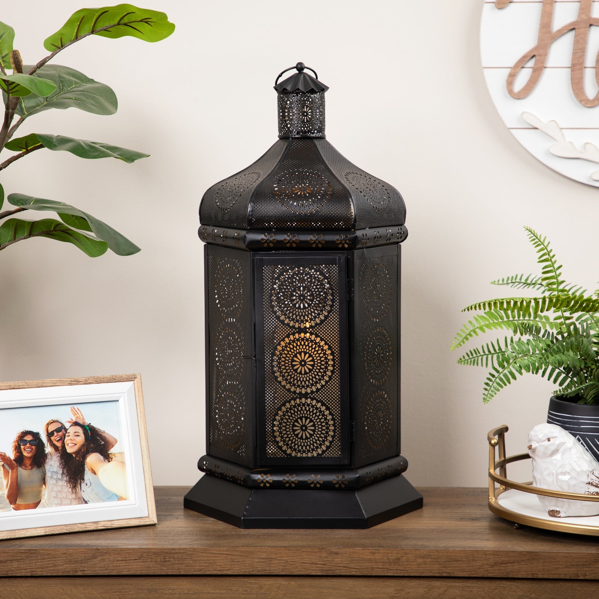 21.5 Black And Gold Moroccan Style Pillar Candle Table Lantern