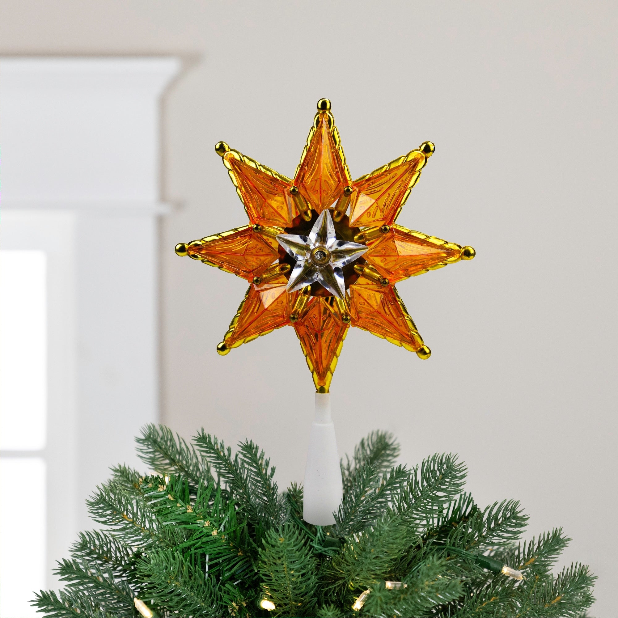 8 Gold Mosaic 8 Point Star Christmas Tree Topper Clear Lights