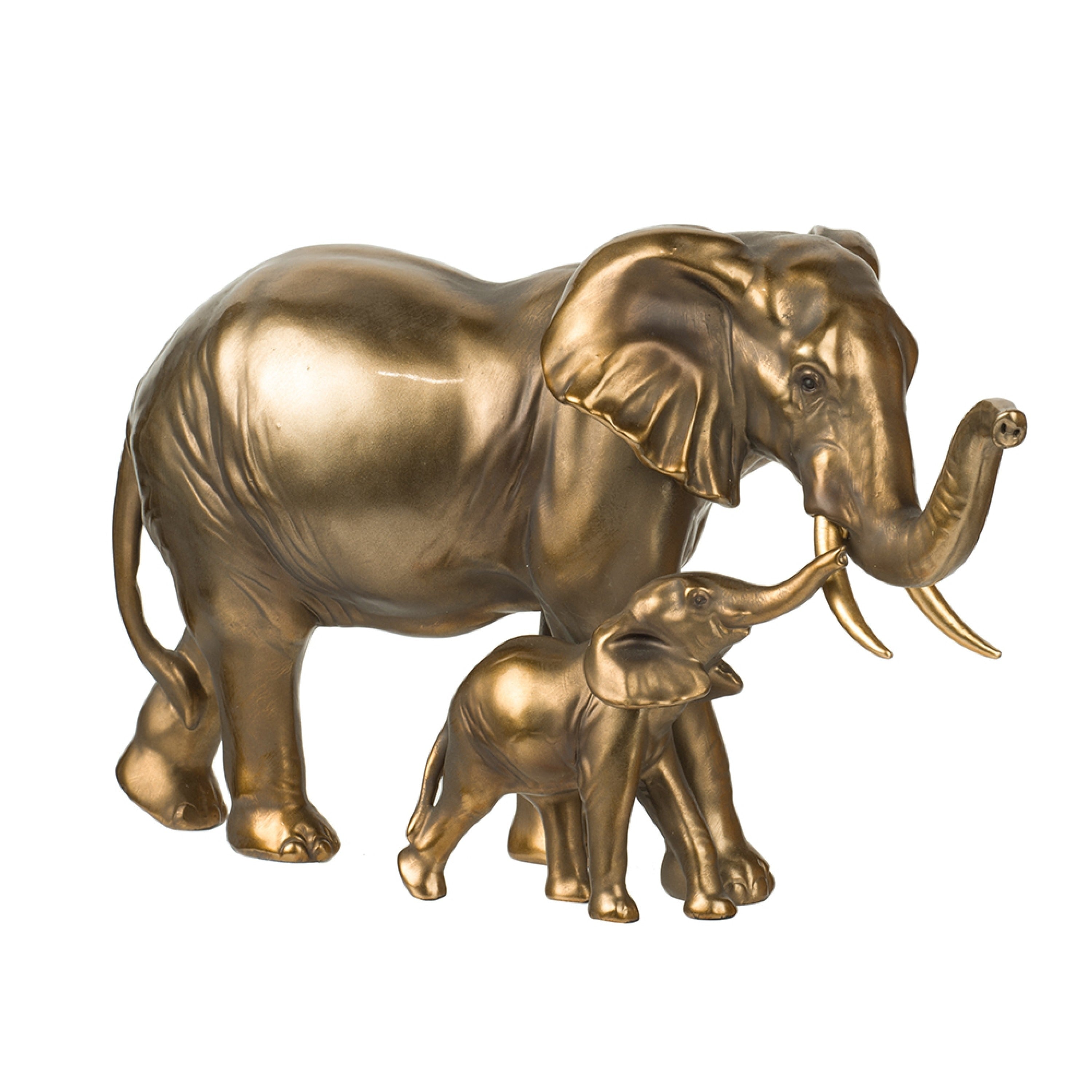 Mother And Baby Elephant Decorative Statue 12 Inch Gold Bronze Polyresin