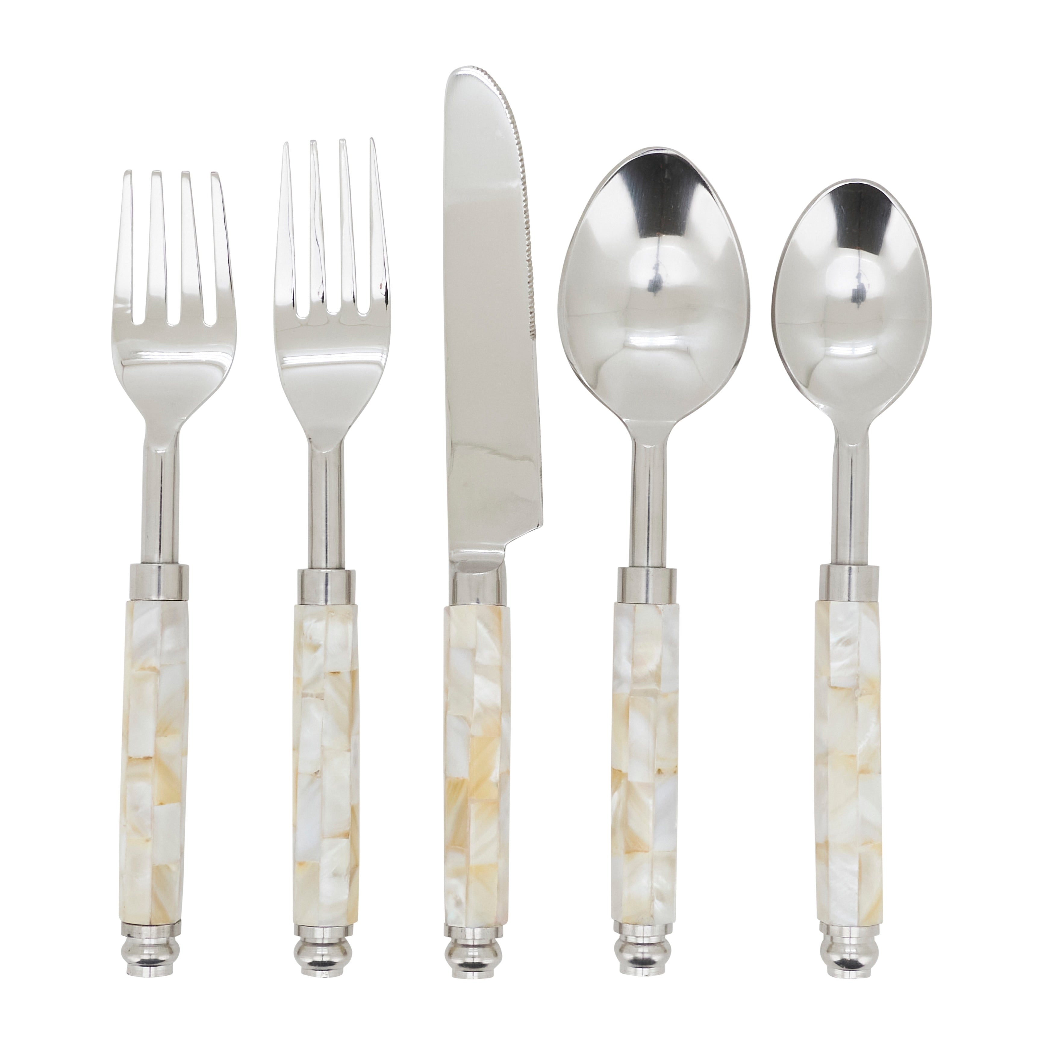 Mother Of Pearl 5 Piece Flatware Set Stainless Steel Cutlery With Shell Handles For Dining Entertaining Gifting