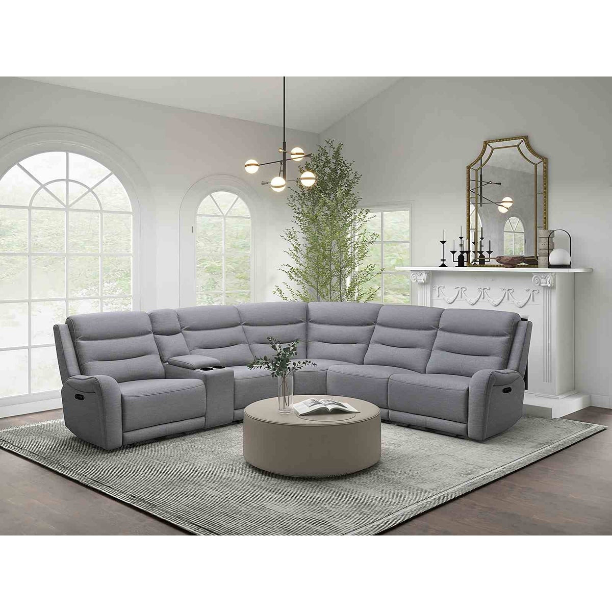 Motion Recliner Sectional Center Console Cup Holder Gray Finish Upolstered 1Pc
