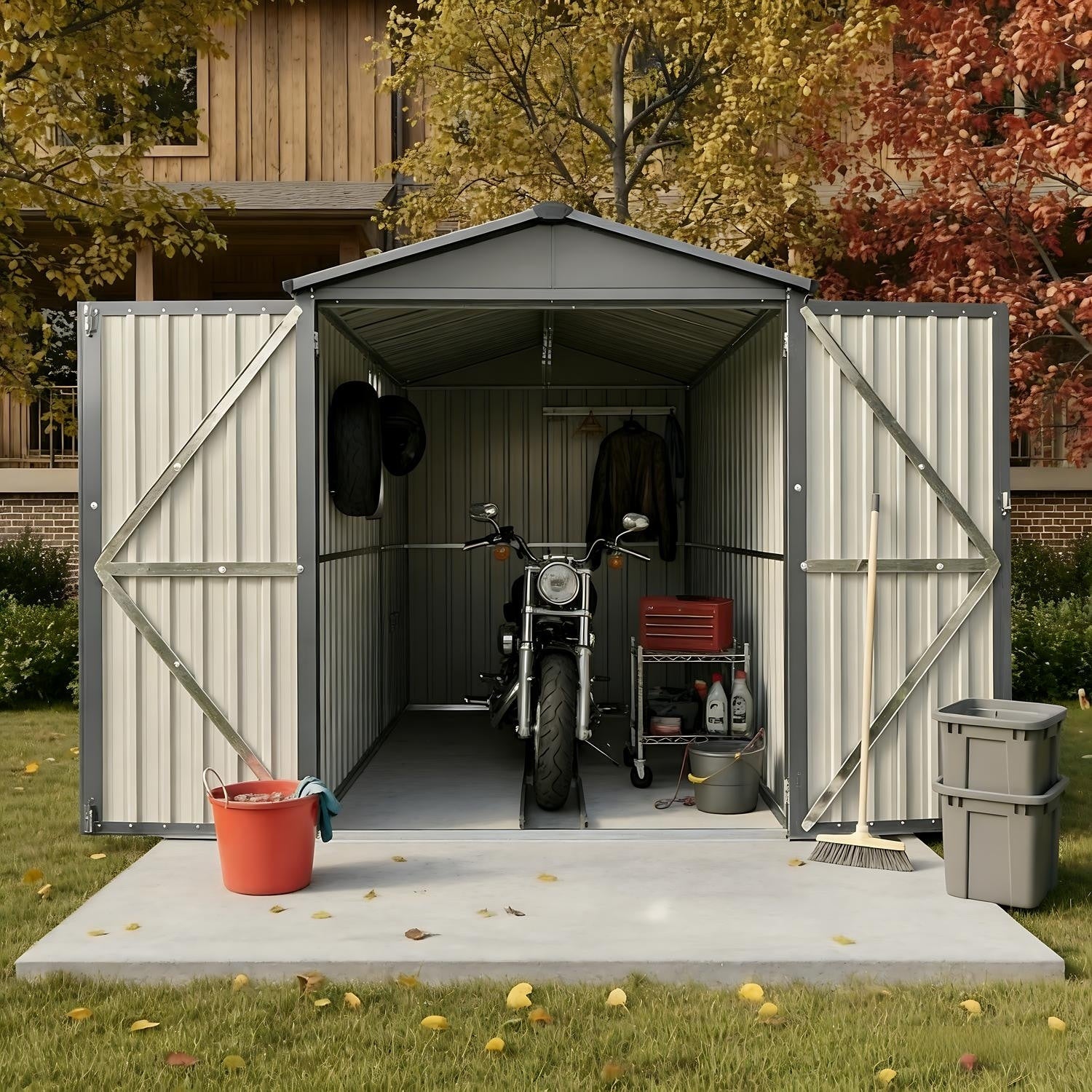 Motorcycle Outdoor Steel Storage Shed With Window Tracks And Fixtures Grey