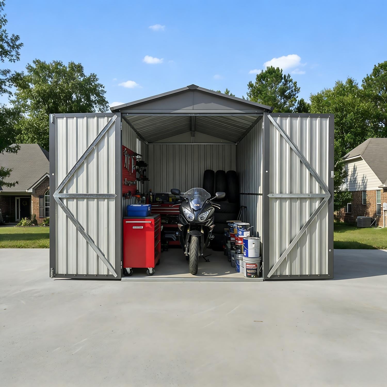 Motorcycle Outdoor Storage Shed With Window Without Tracks And Fixtures Grey