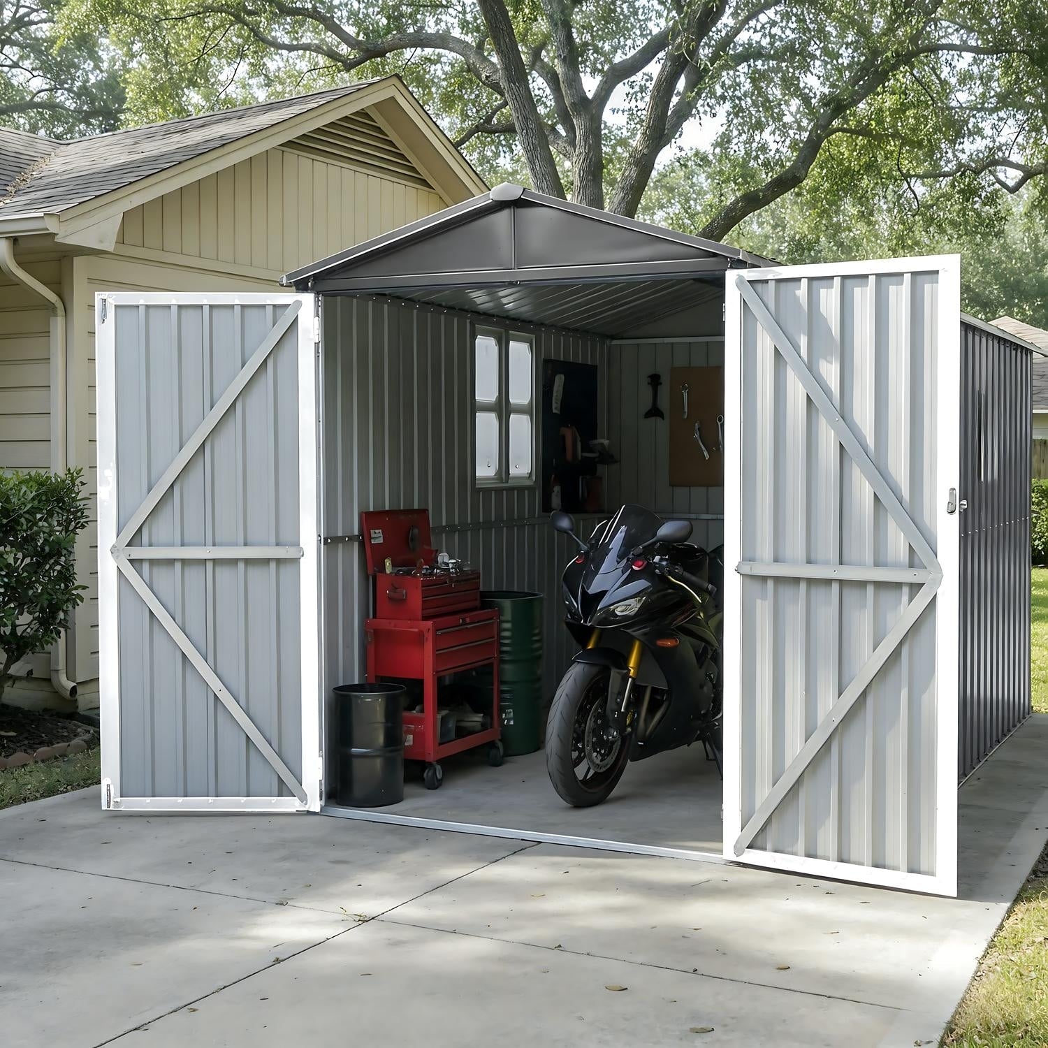 Motorcycle Outdoor Storage Shed With Window Without Tracks And Fixtures Grey White