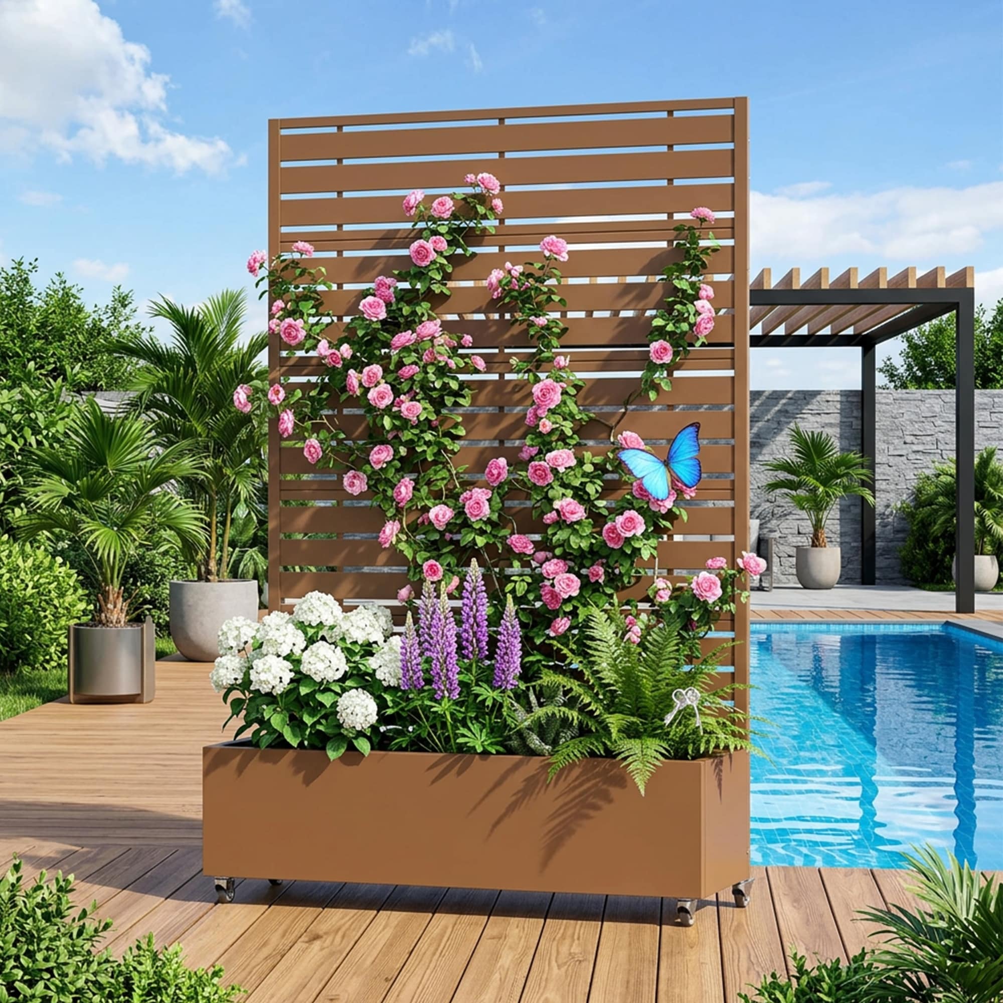 Movable Raised Garden Bed Planter Box With Trellis And Lockable Wheels