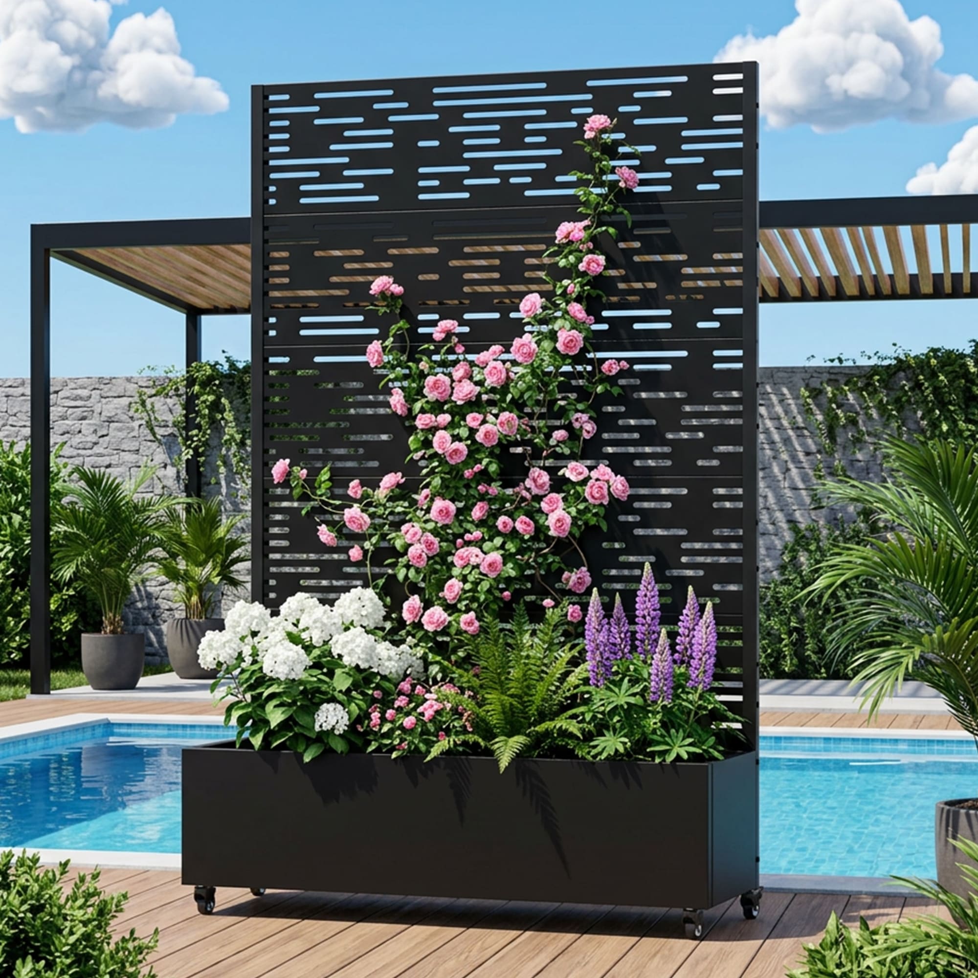 Movable Raised Garden Bed Planter Box With Trellis And Lockable Wheels