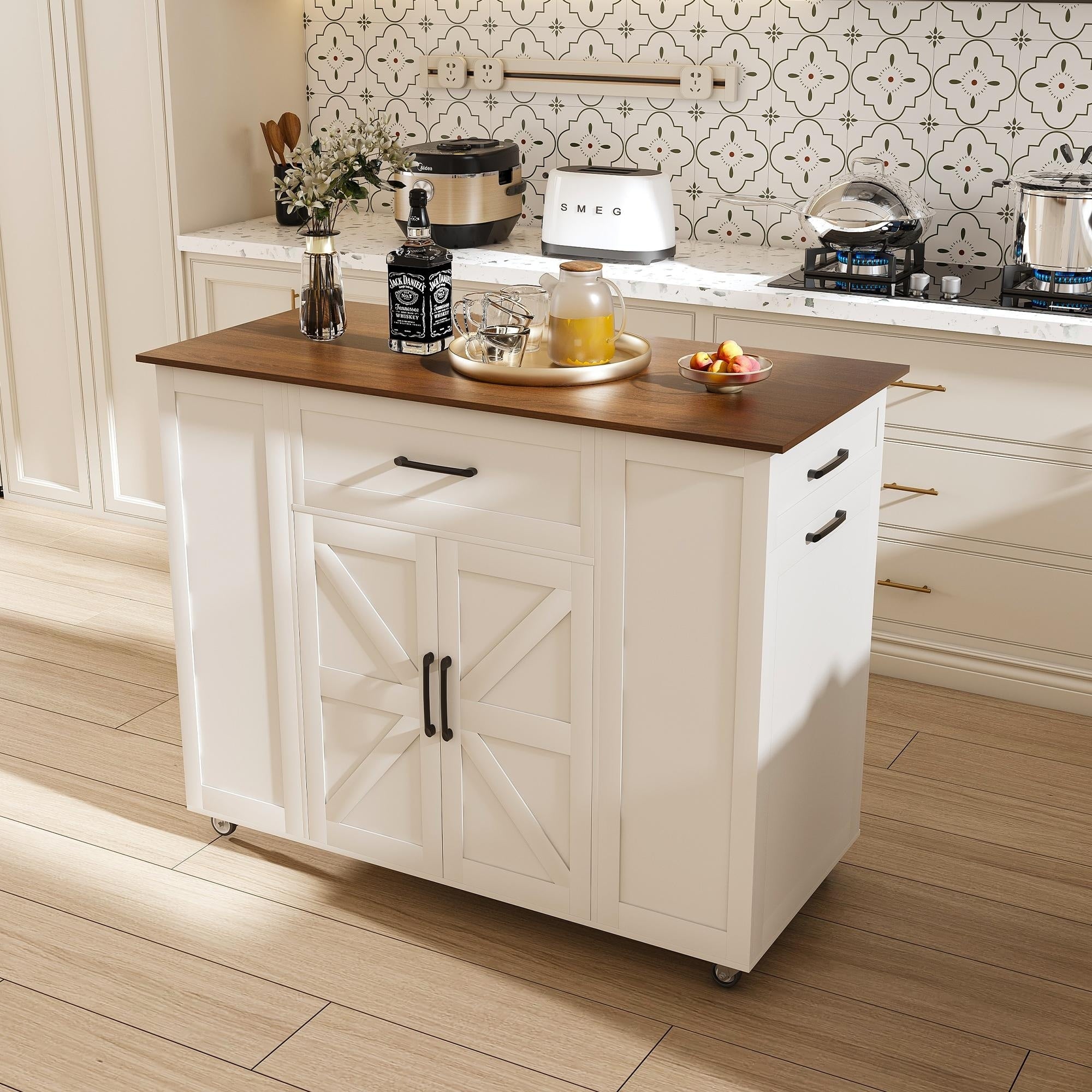 Movable Rustic Breakfast Bar Table Kitchen Island With Adjustable Shelf Rolling Kitchen Cart With Locking Casters