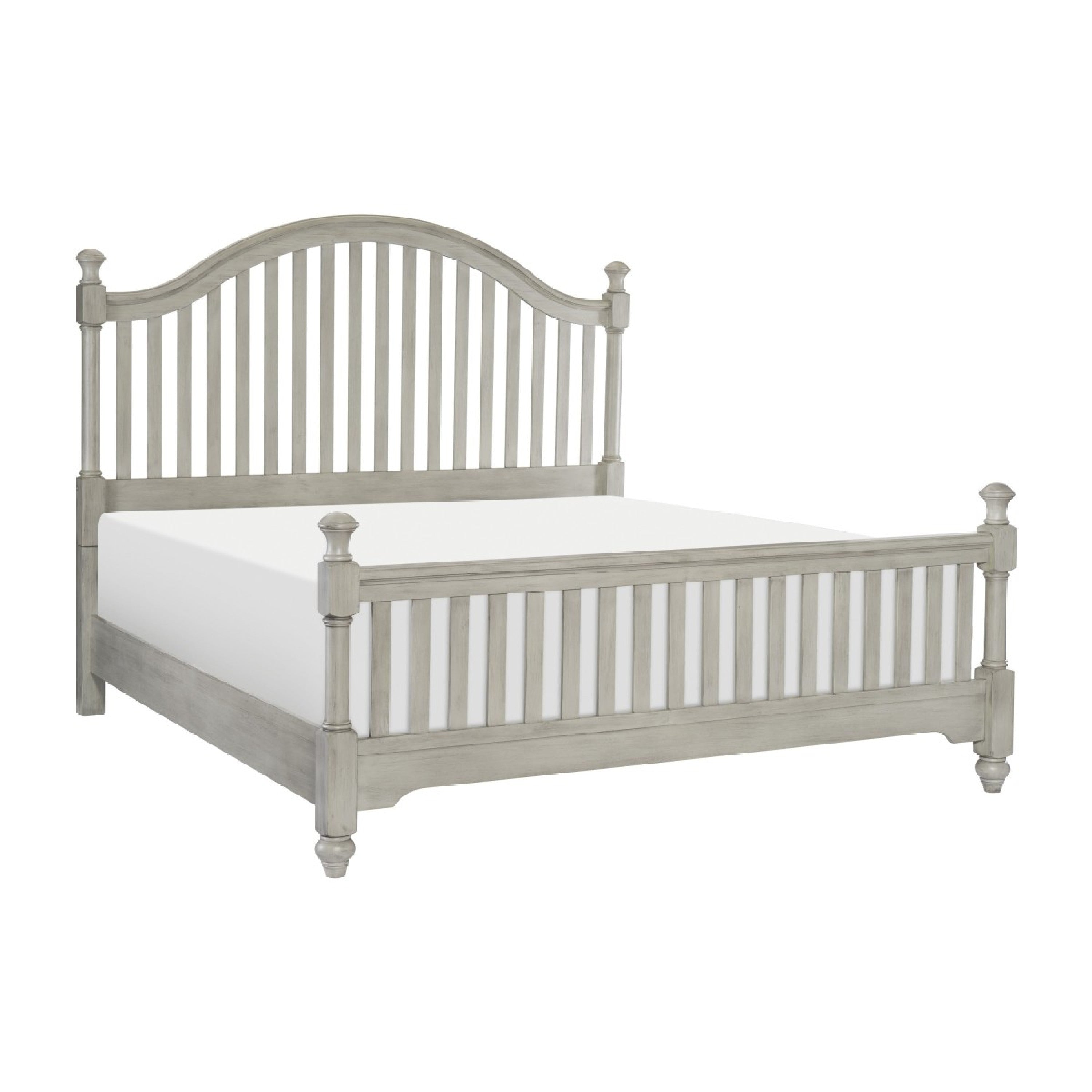 Mozz King Bed Arched Headboard Turned Finial Posts Gray Vertical Slats