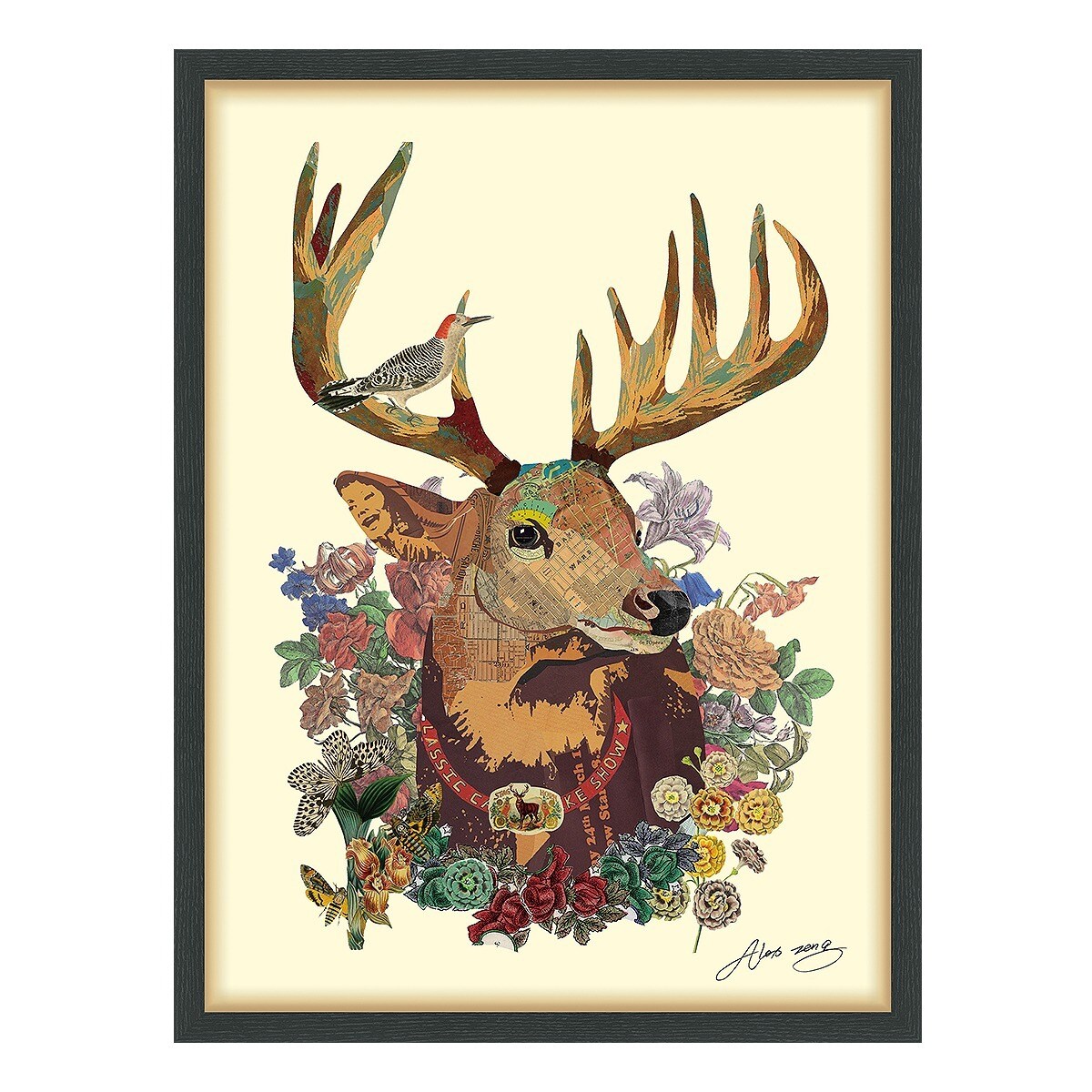 Empire Art Mr. Deer Hand Made Signed Art Collage By Ead Artists Co Op Under Tempered Glass In Black Frame