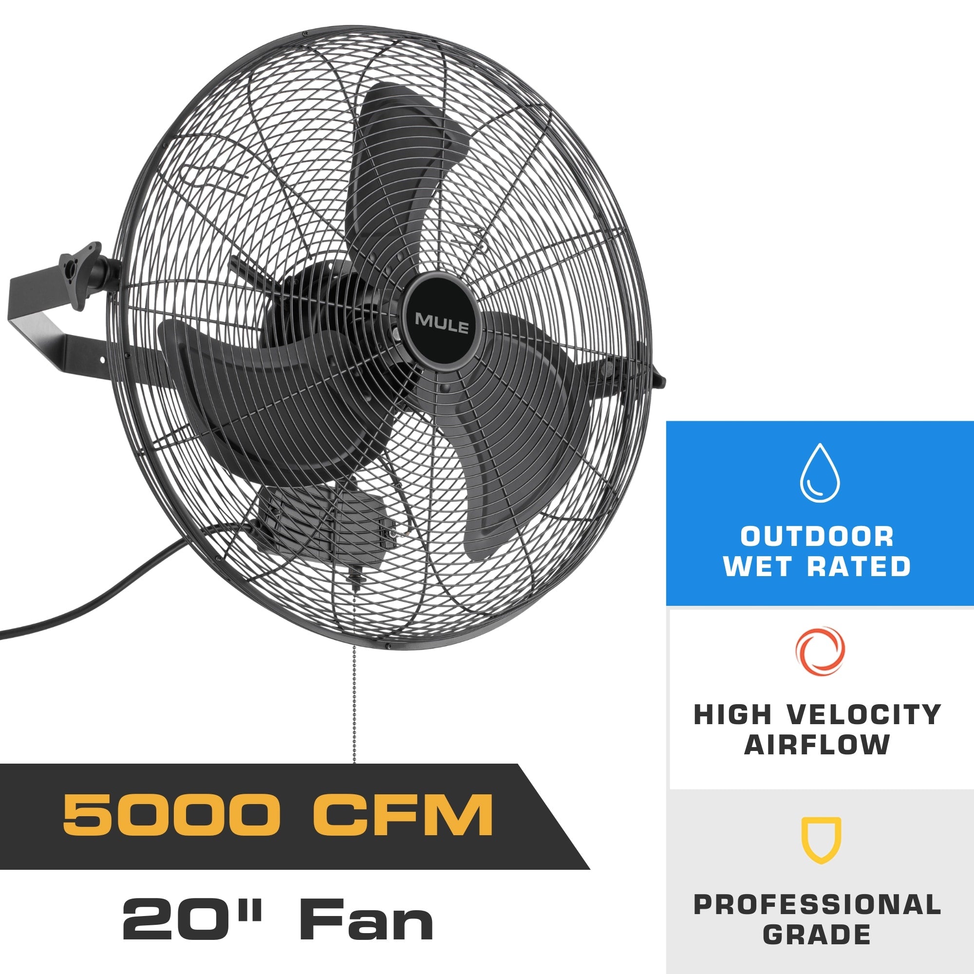 Mule 20 Inch Wet Rated Outdoor Wall Mount Fan With Matte Black Finish And 3 Speed Motor 20 Inch