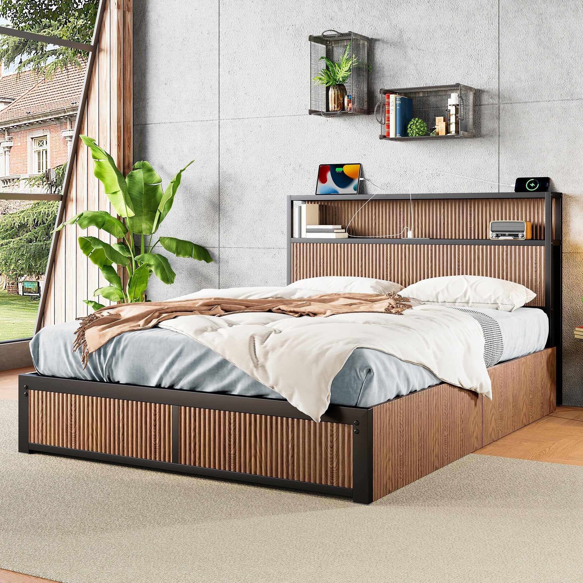 Multi Drawer Wood Bed With Charging Socket Brown Platform Frame