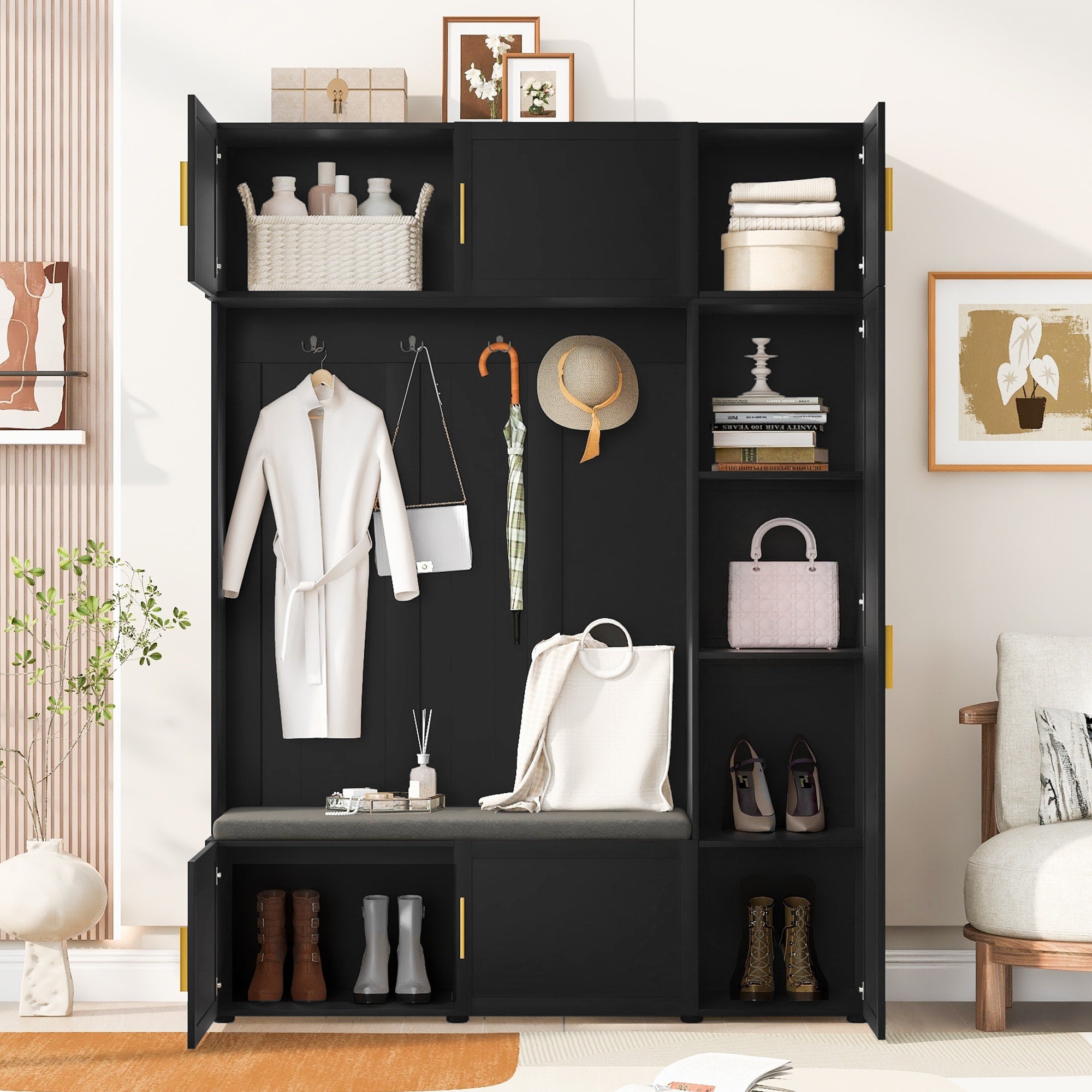 Multi Functional American Hall Tree With Storage Shelves And Cushioned Bench