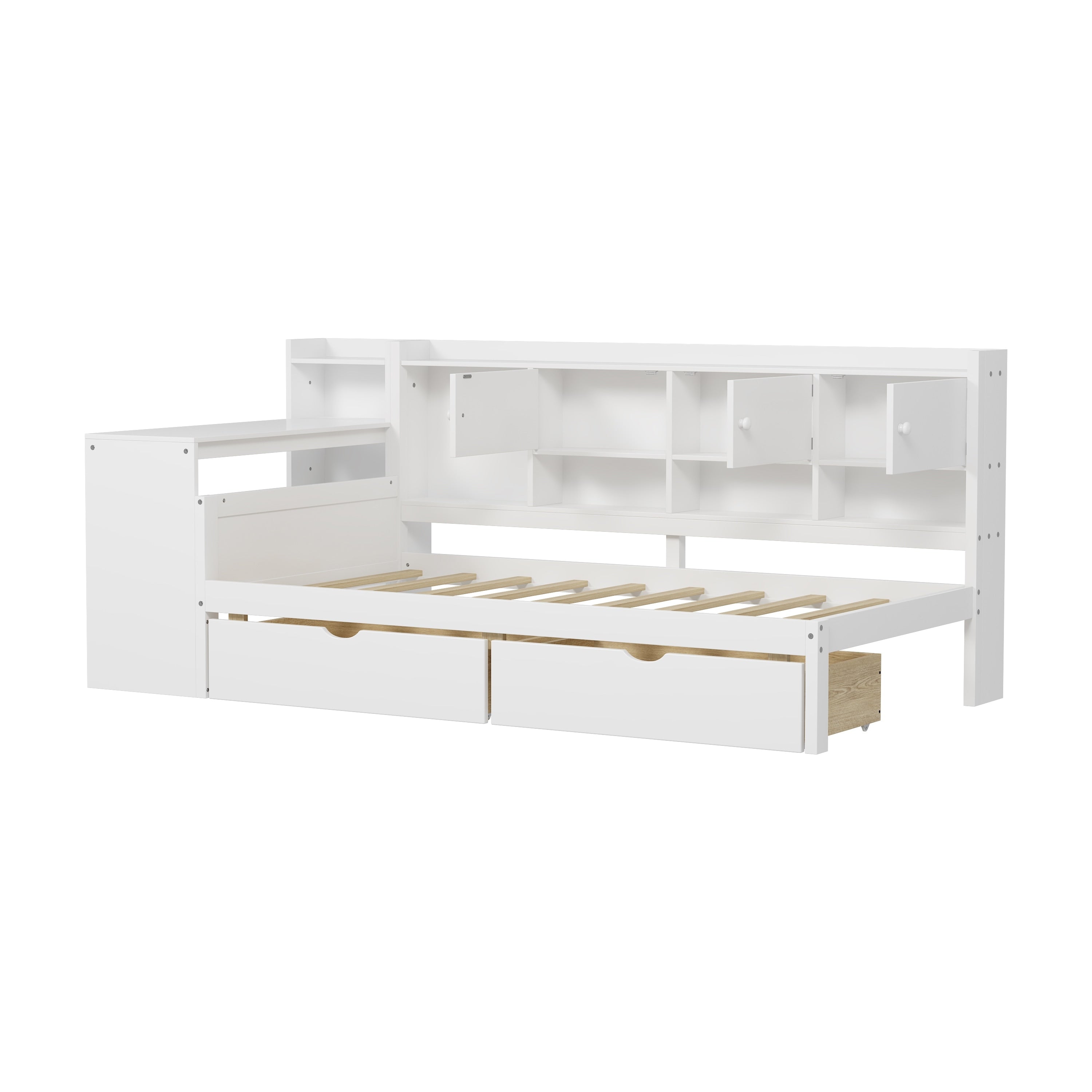 Multi Functional L Shape Bed With Storage Drawers And Built In Bookshelf